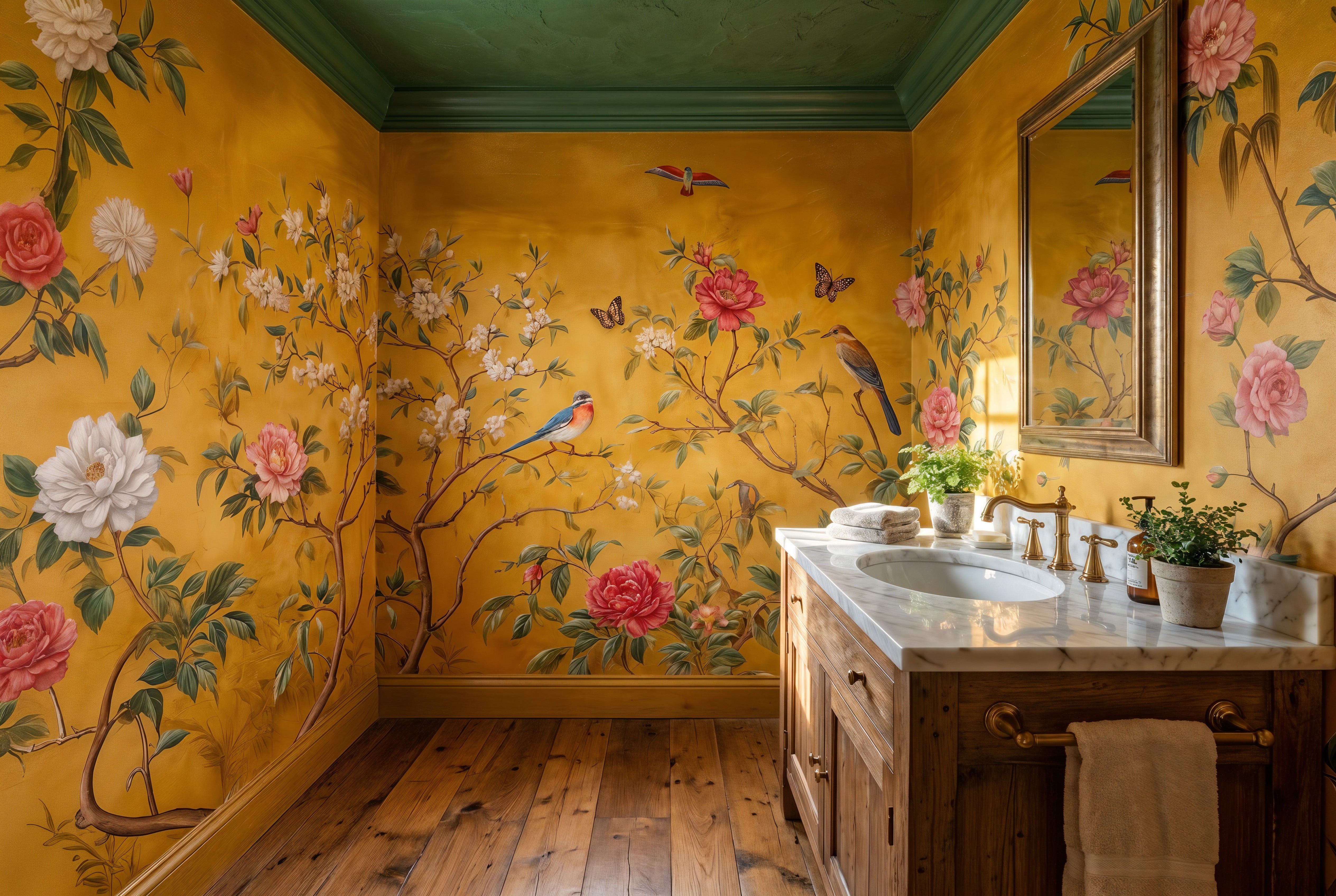 chinoiserie mural colorful birds branches
bright floral wallpaper oriental design
