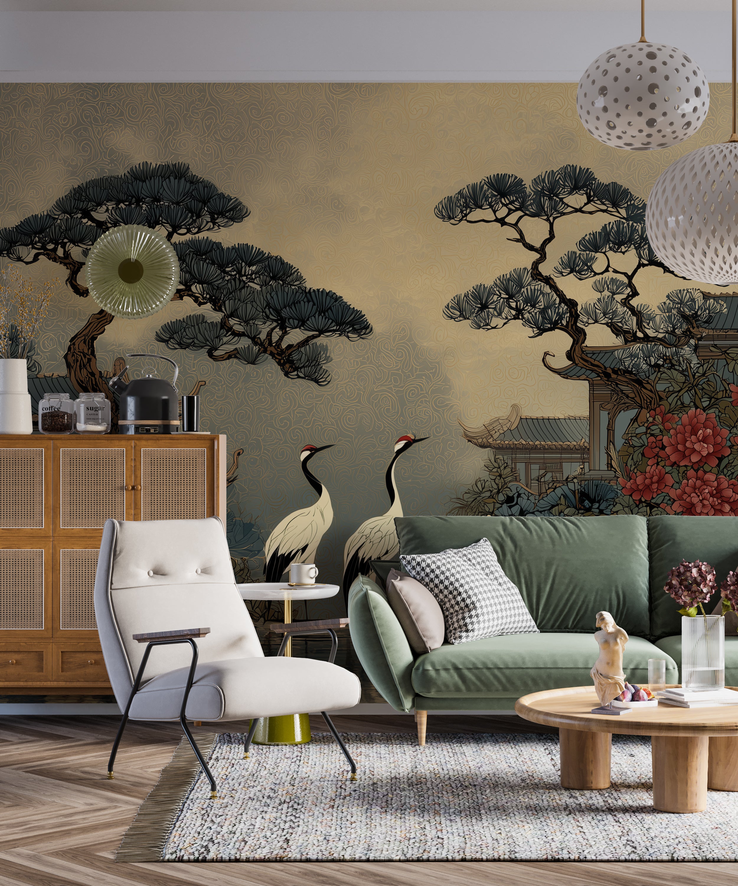 asian style wallpaper cranes and flowers
classic chinoiserie landscape mural design