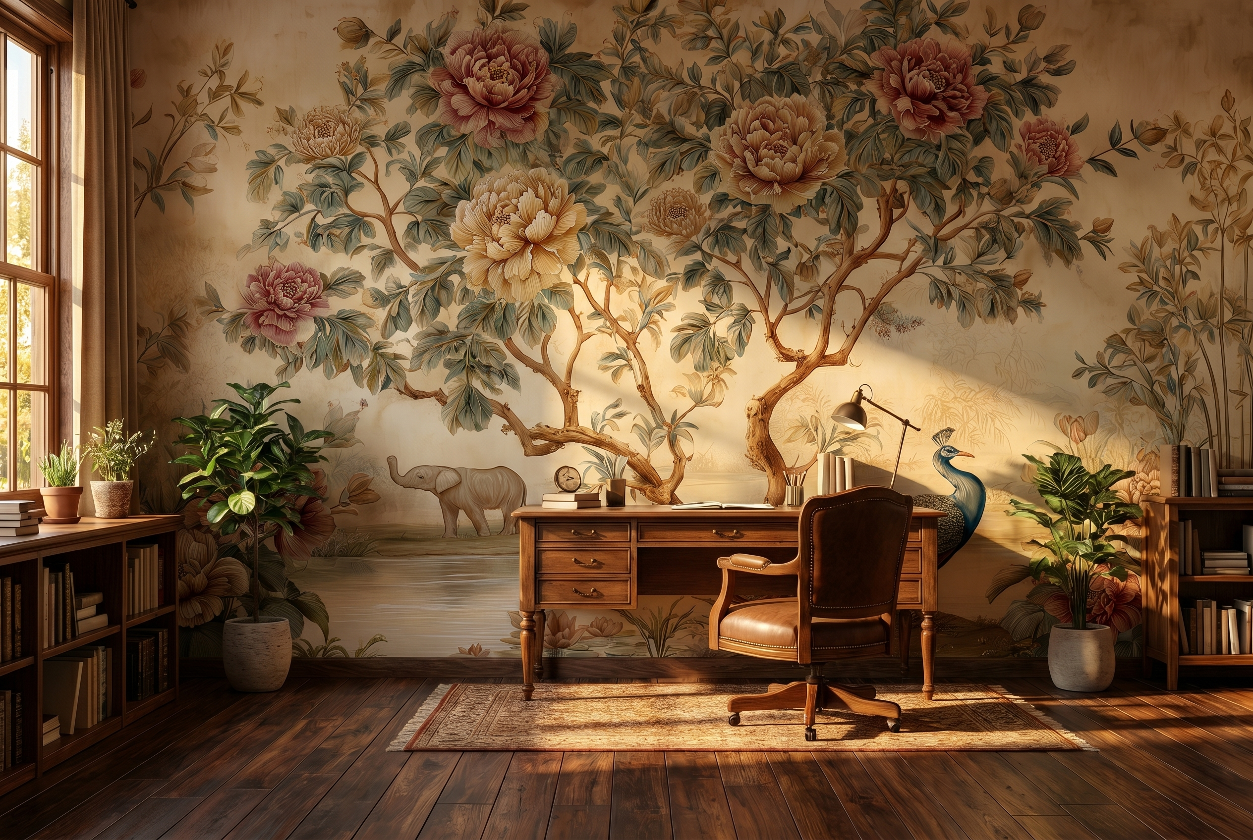 botanical wallpaper scenic landscape mural
elegant floral mural with peacock bird