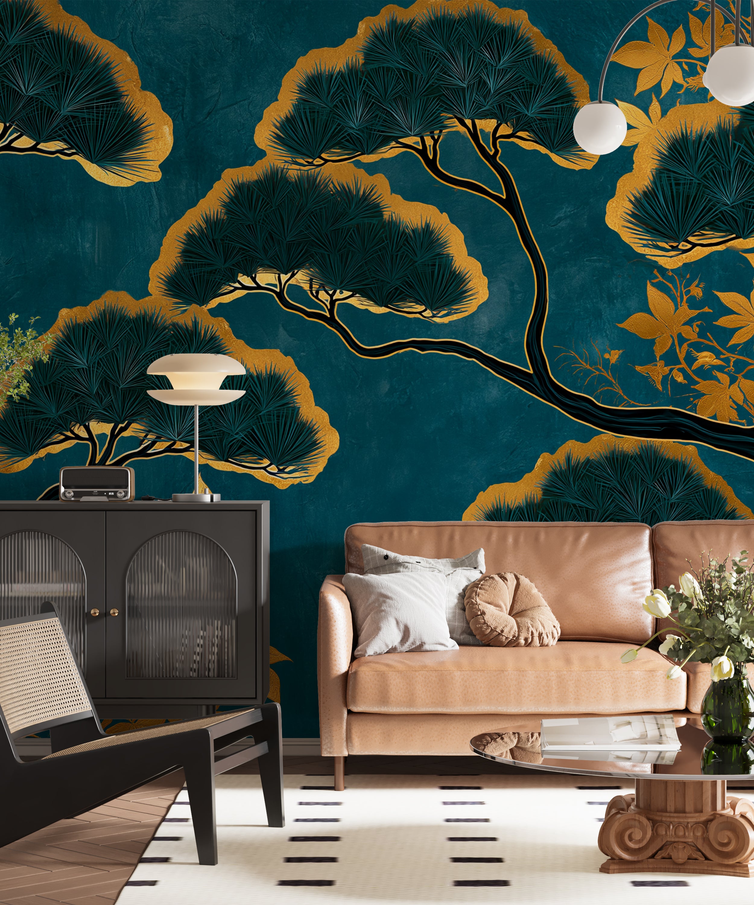 Teal Gold Chinoiserie Wall Mural Japanese Pine Tree Wallpaper Luxury Art Deco Botanical Wallpaper Asian Inspired Wall Decor