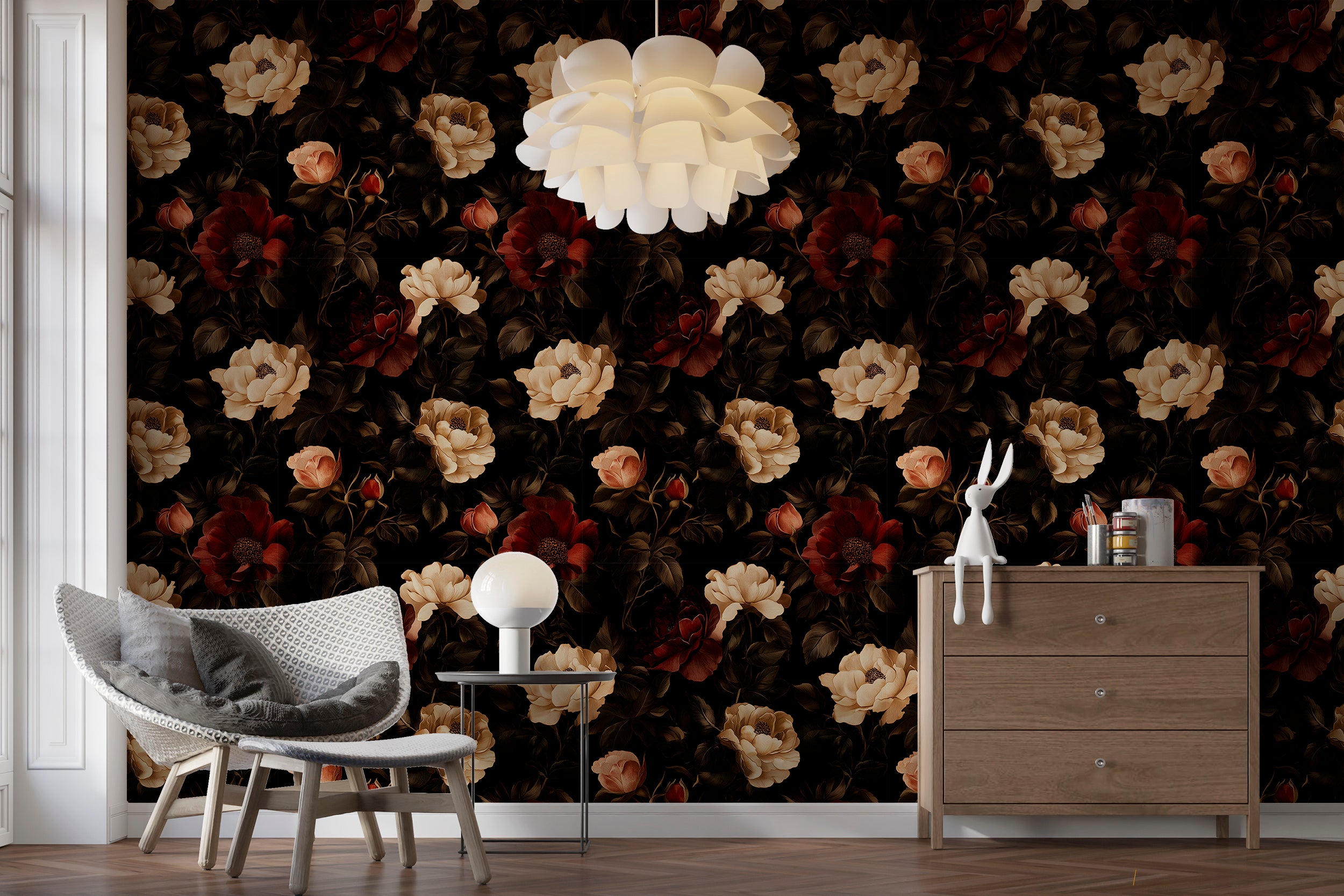Moody floral wallpaper for vintage-inspired living rooms
Peel and stick botanical wallpaper for old-style interiors