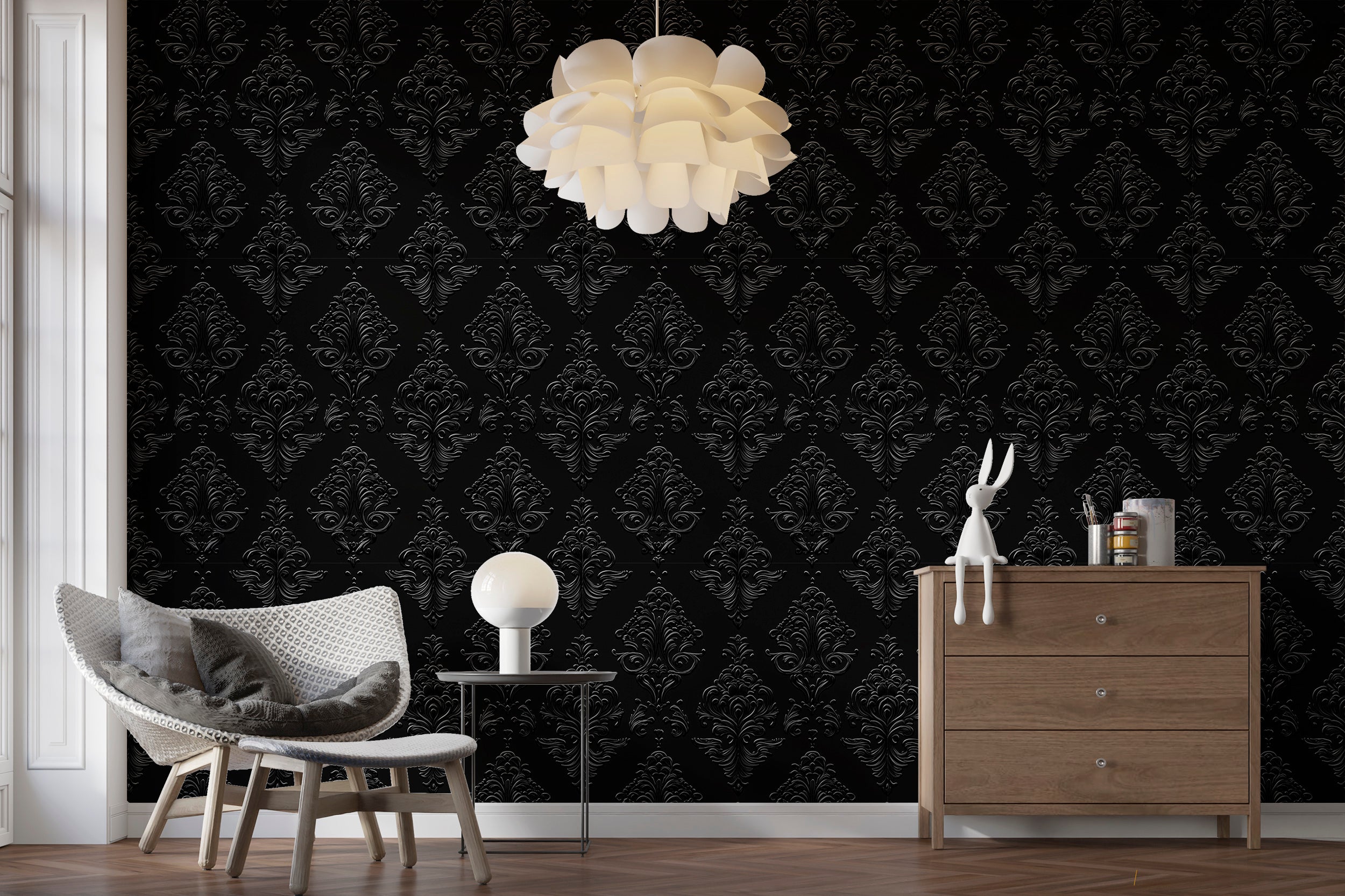 Dark traditional wallpaper for living rooms and bedrooms
Easy-to-remove vintage black wallpaper for classic decor