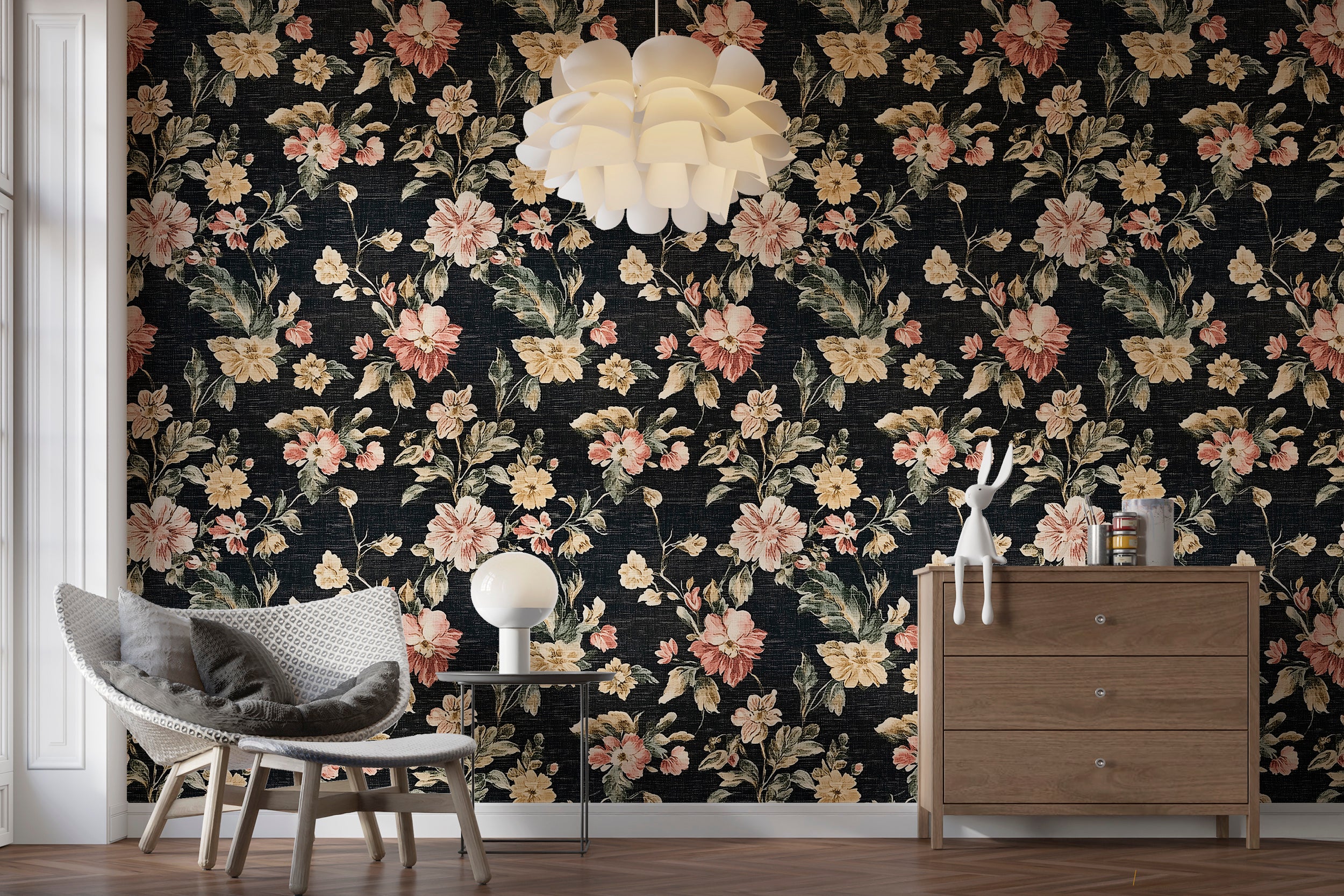 Bold botanical wallpaper with rich colors for timeless walls
Easy-to-remove floral pattern wallpaper for classic interiors