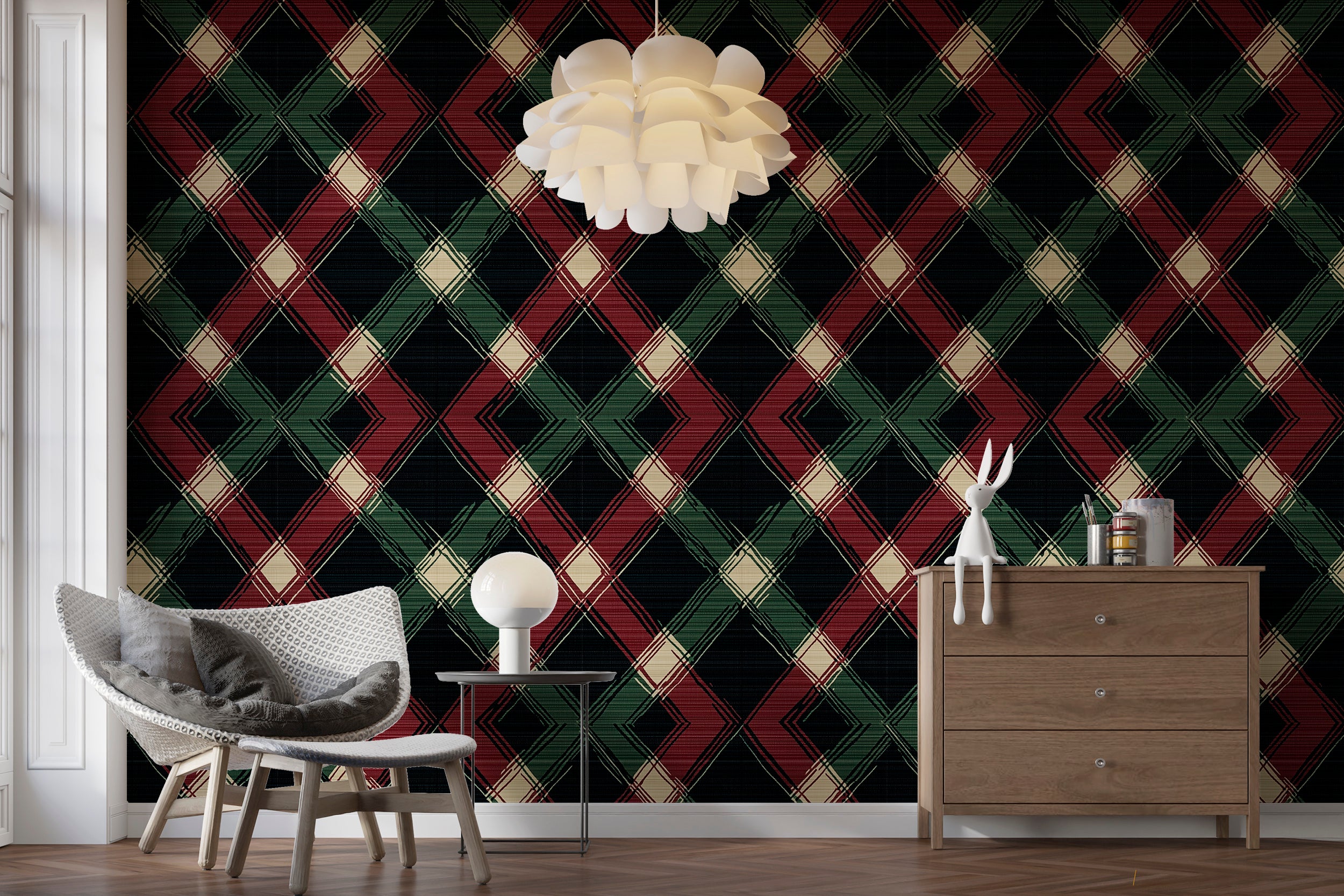 Vintage diamond shape tartan wallpaper for classic room design
Red and black tartan wallpaper for bold and classic wall art