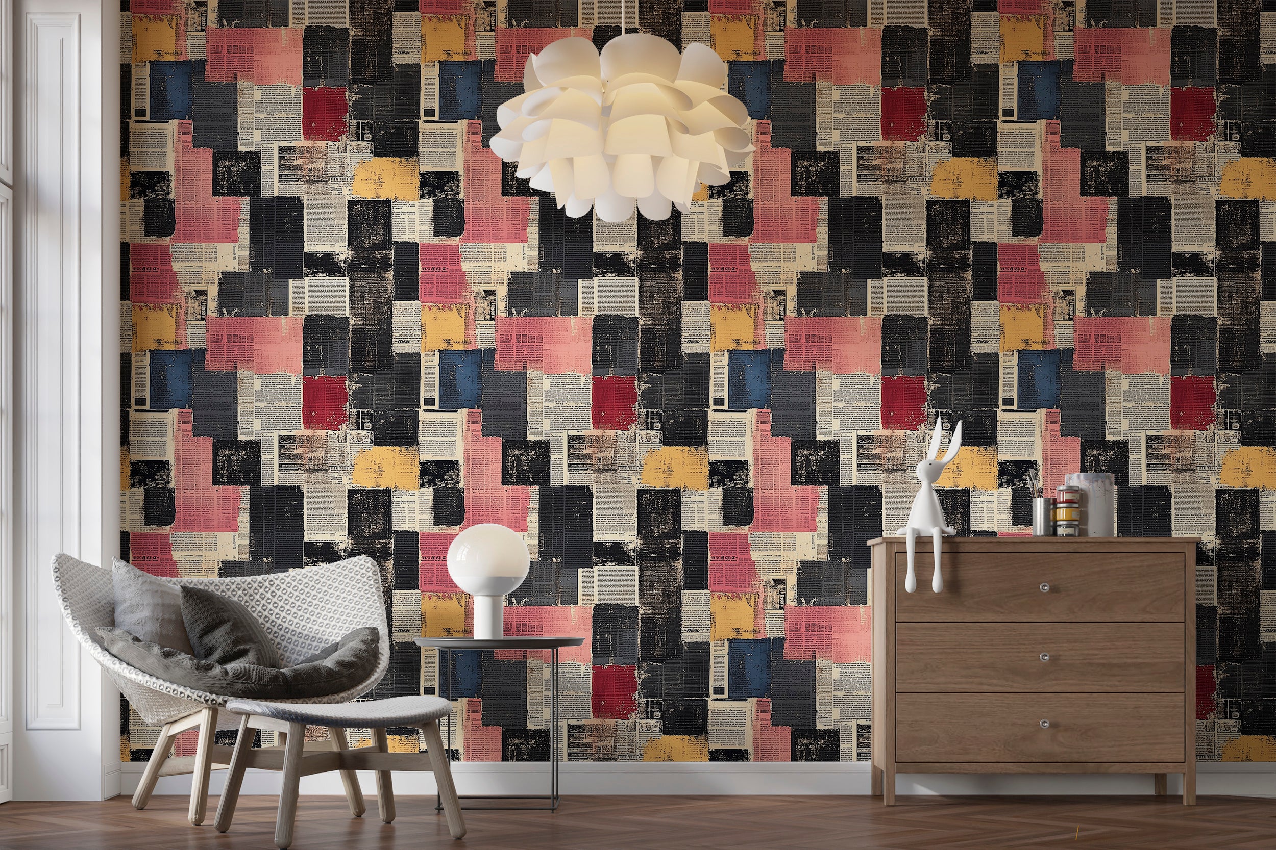 Removable street art wallpaper for living rooms and studios
Newspaper print peel and stick wallpaper for creative interiors