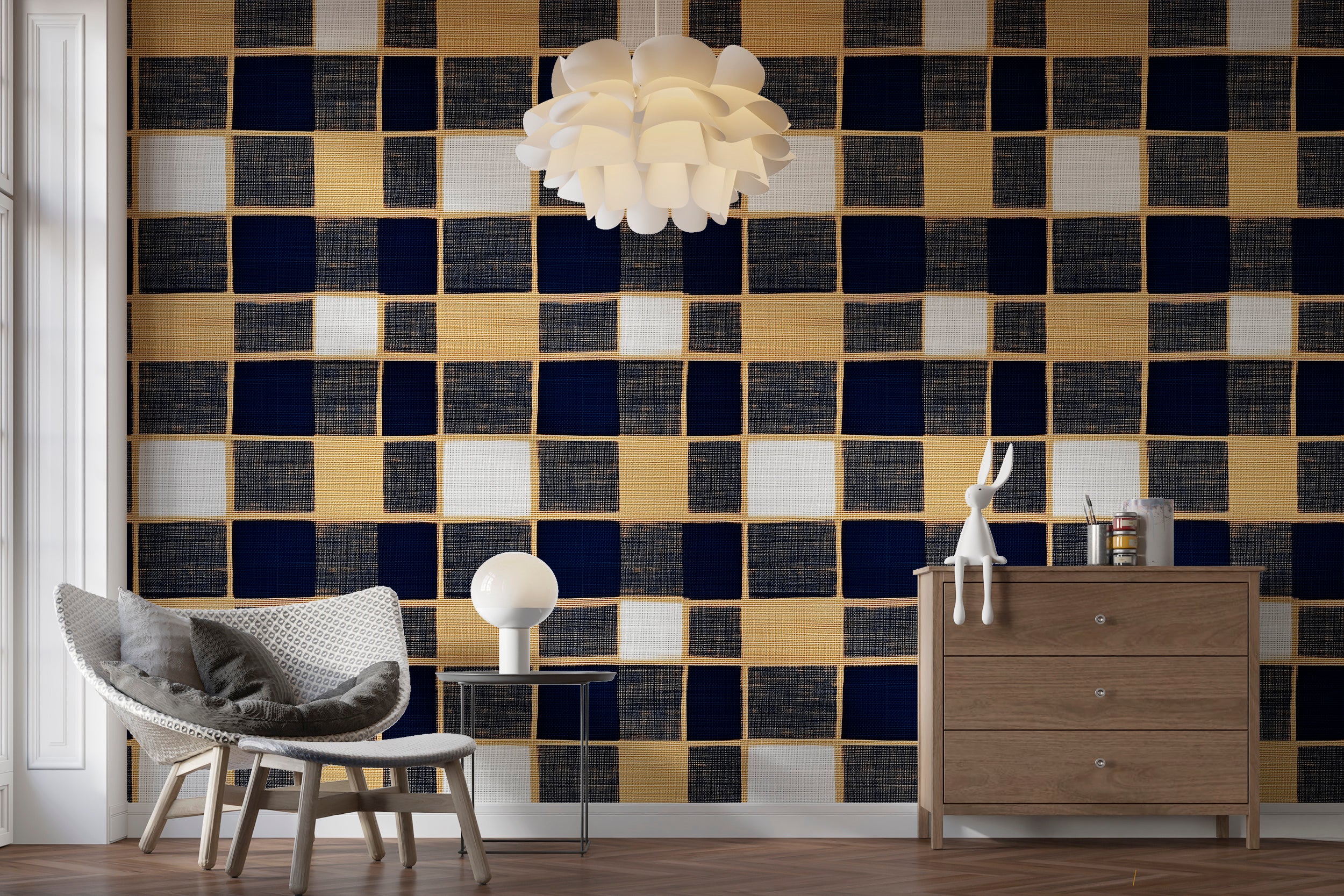 Easy-to-remove dark blue and gold geometric wallpaper
Geometric squares wallpaper for modern and elegant room accents