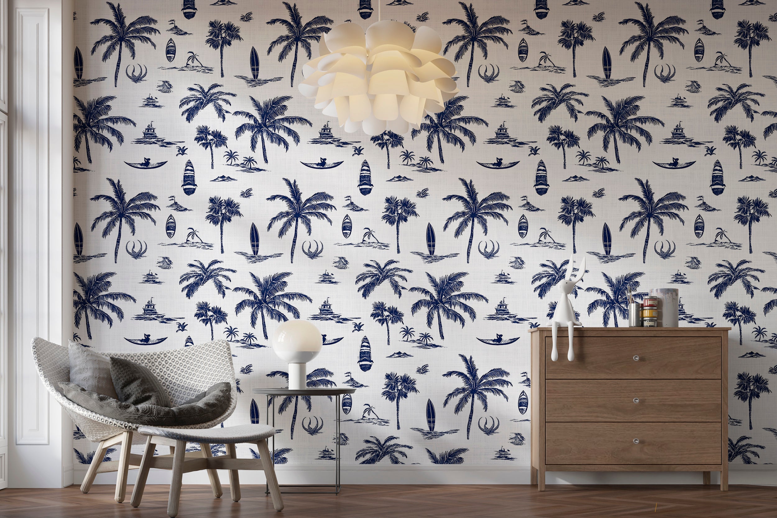 Tropical coastal wallpaper for living rooms and bedrooms
Beach-inspired peel and stick wallpaper for modern spaces