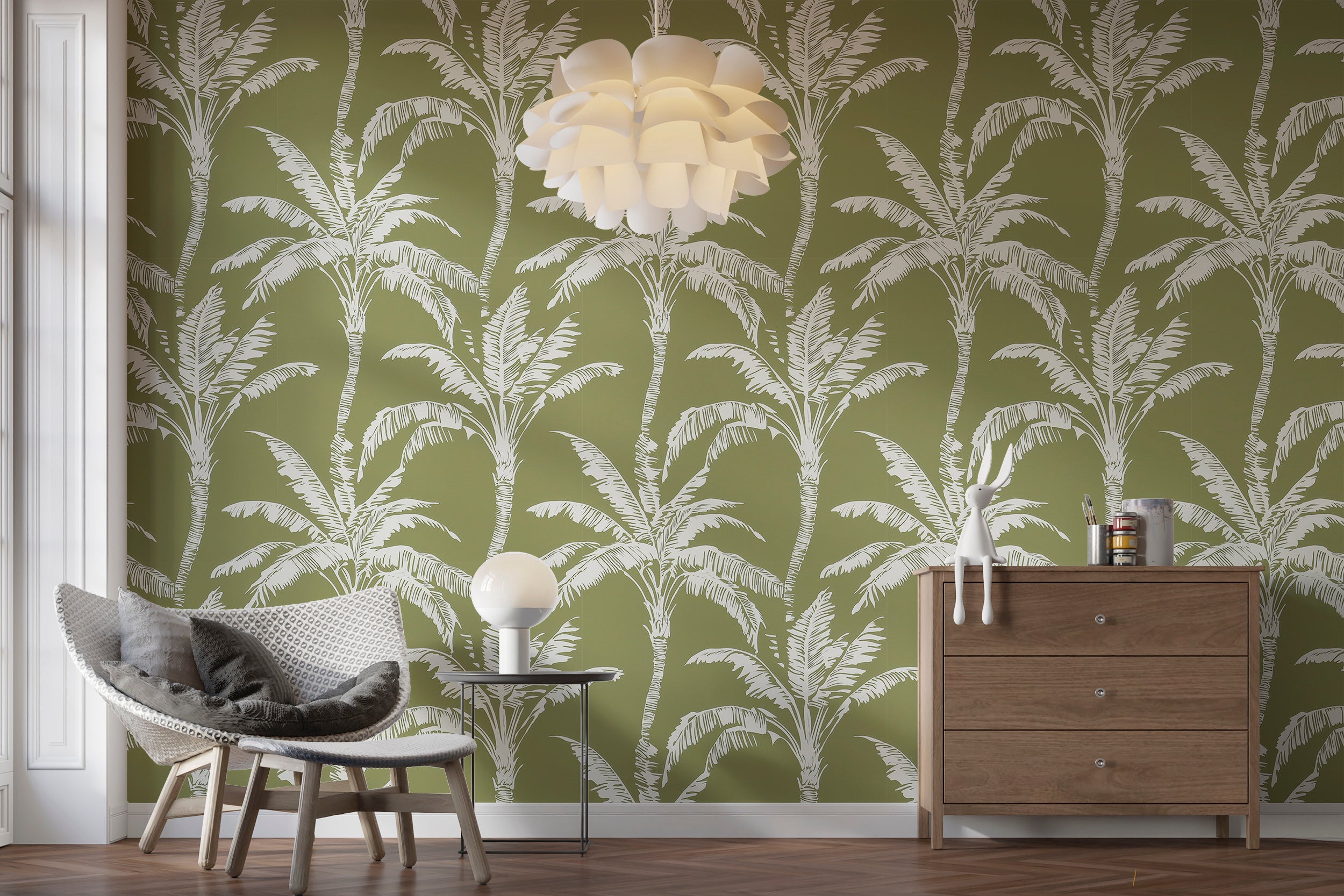 Minimalist palm trees wallpaper for bedrooms and living rooms
Easy-to-remove olive green wallpaper with tropical design