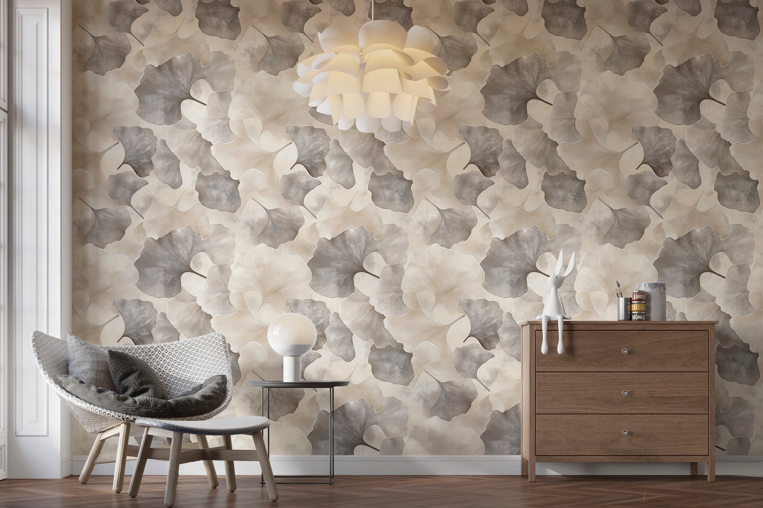 Abstract ginkgo leaves wallpaper for modern botanical decor
Peel and stick grey and beige leaf pattern wallpaper
