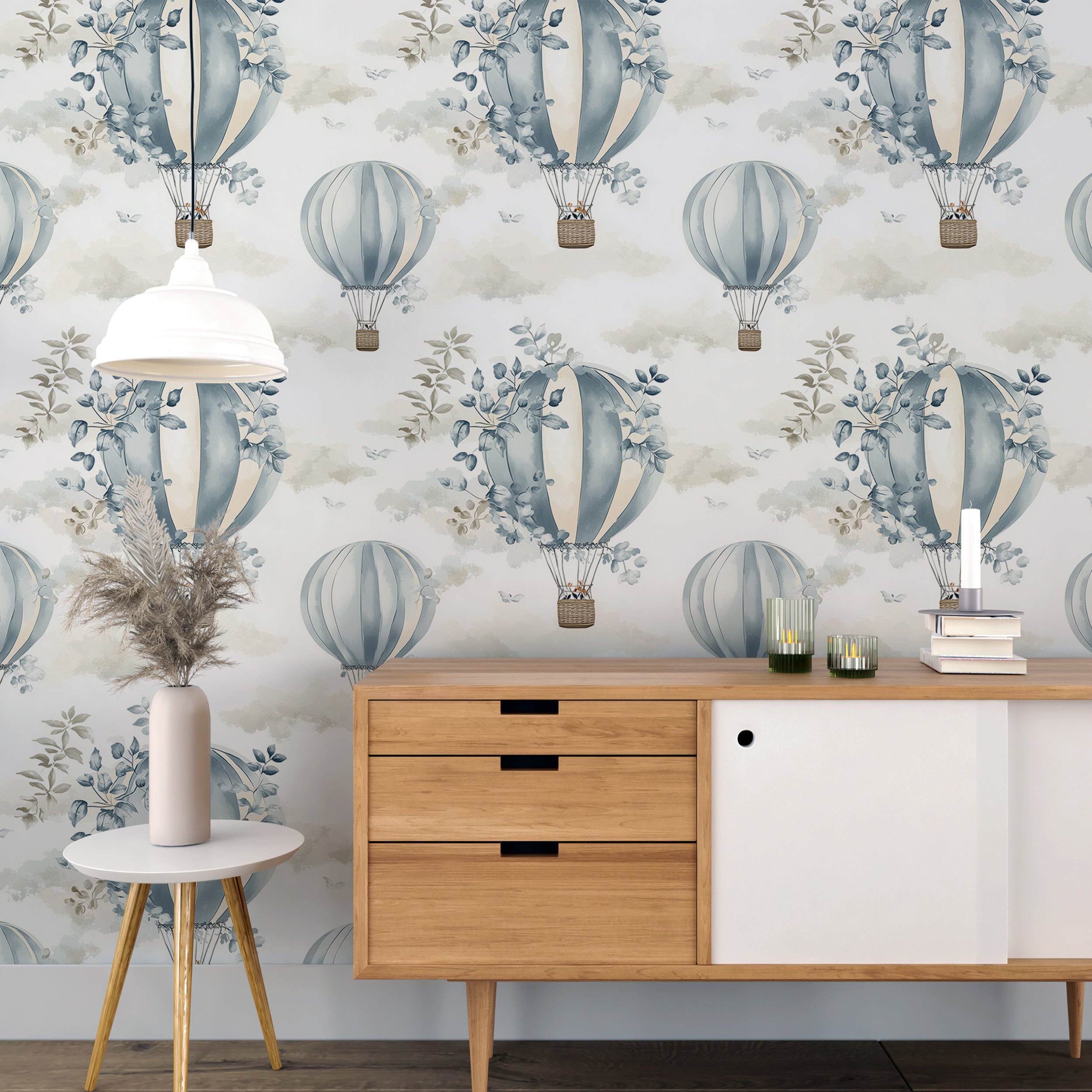 Airy watercolor hot air balloon wall art.
Dreamy balloon and botanical mural for bedrooms.