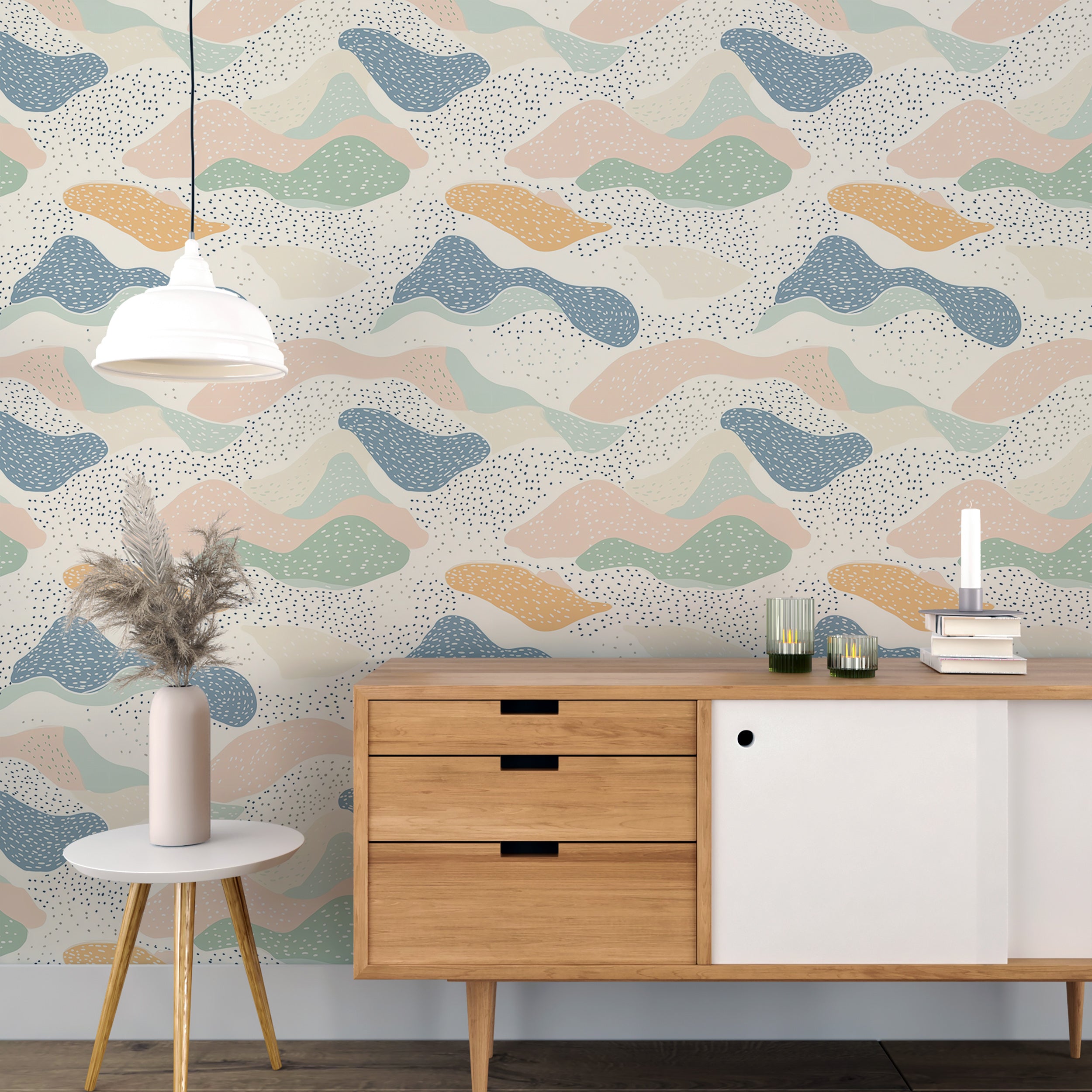 Abstract pastel shapes wallpaper.
Soft geometric dot pattern wall mural.