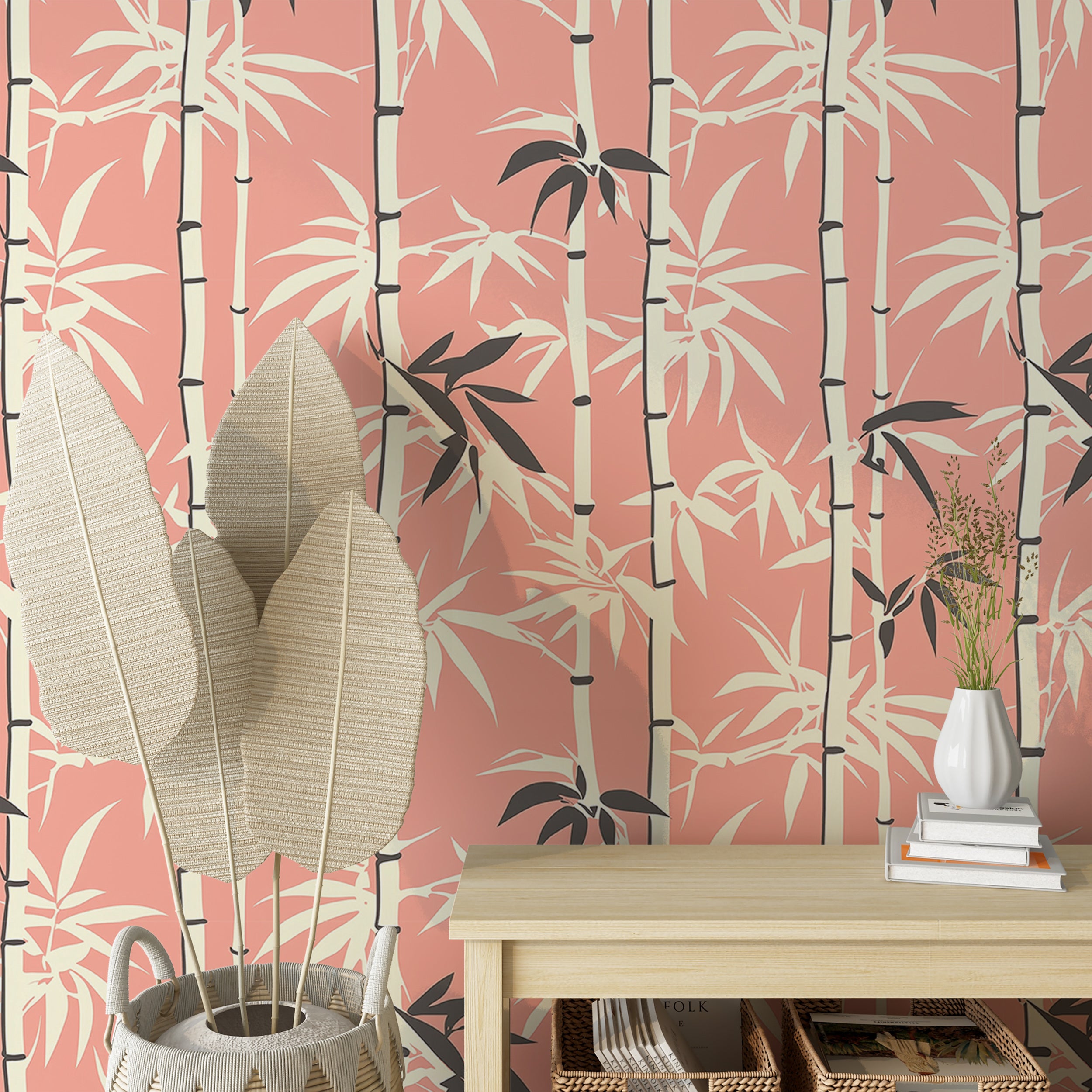 Soft peach and white bamboo wall art.
Modern minimalist bamboo wallpaper.