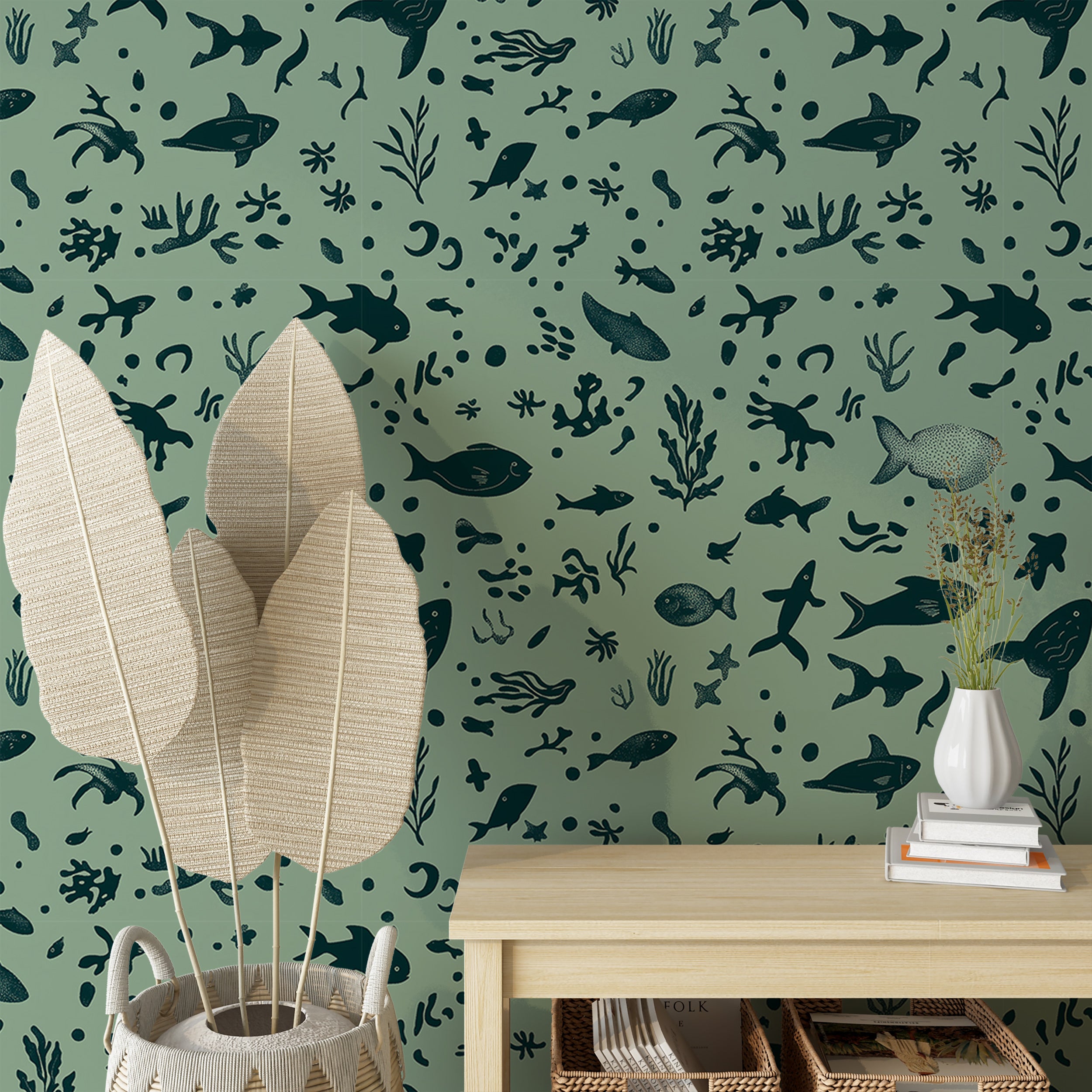 Simple sea life pattern wallpaper.
Dark green fish and coral wall mural.