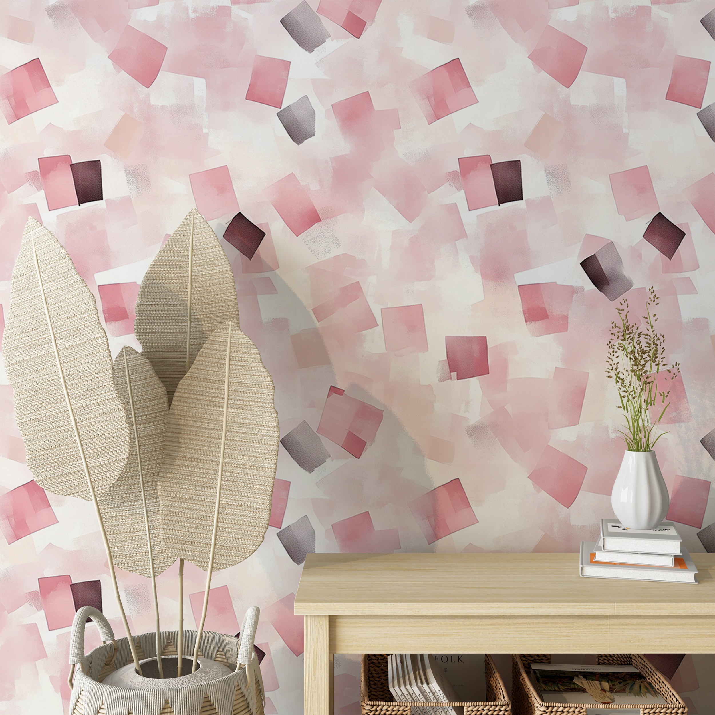 Soft blush pink and cream geometric wallpaper.
Abstract square design wall mural.