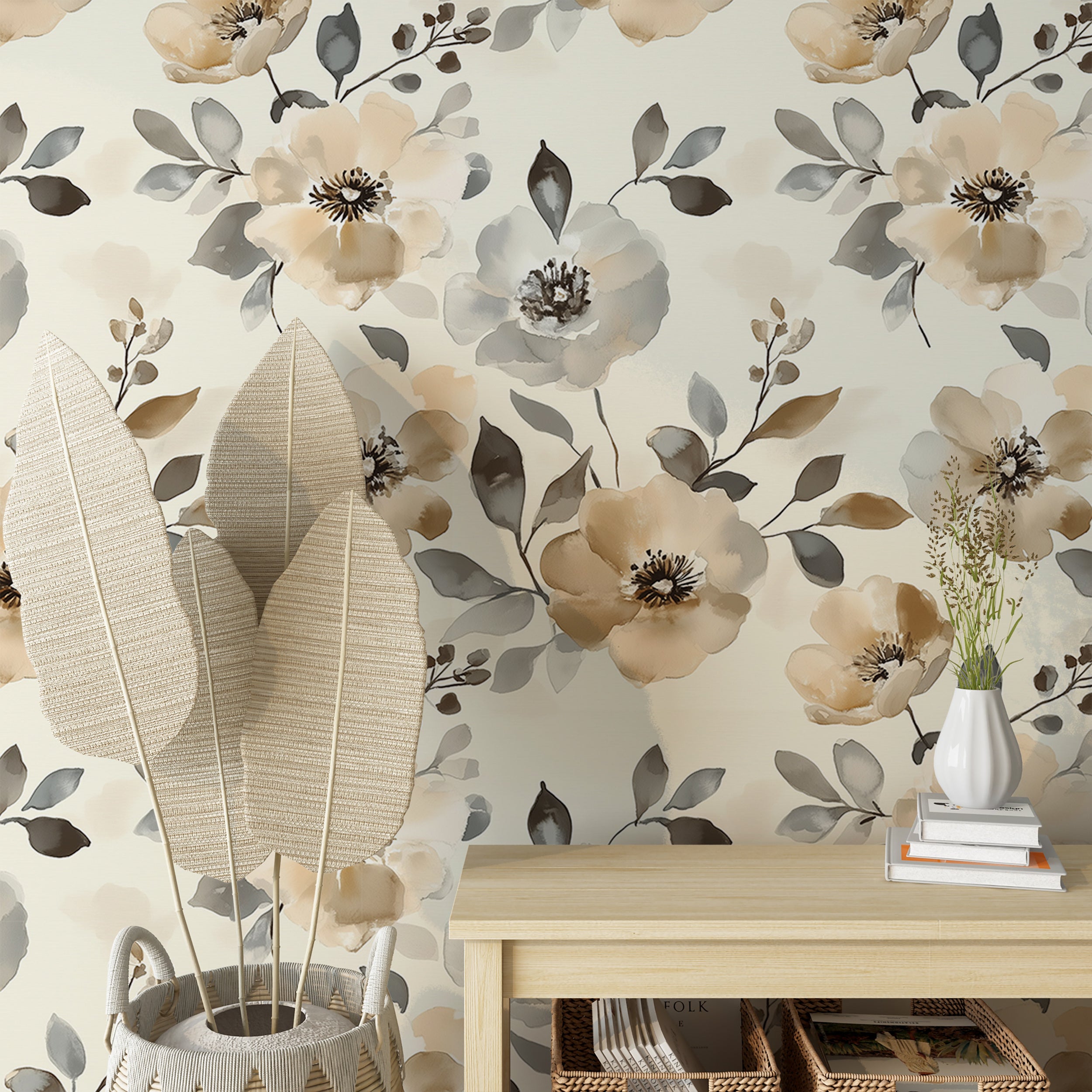Watercolor muted beige and gray floral wallpaper.
Soft beige watercolor flower design for walls.