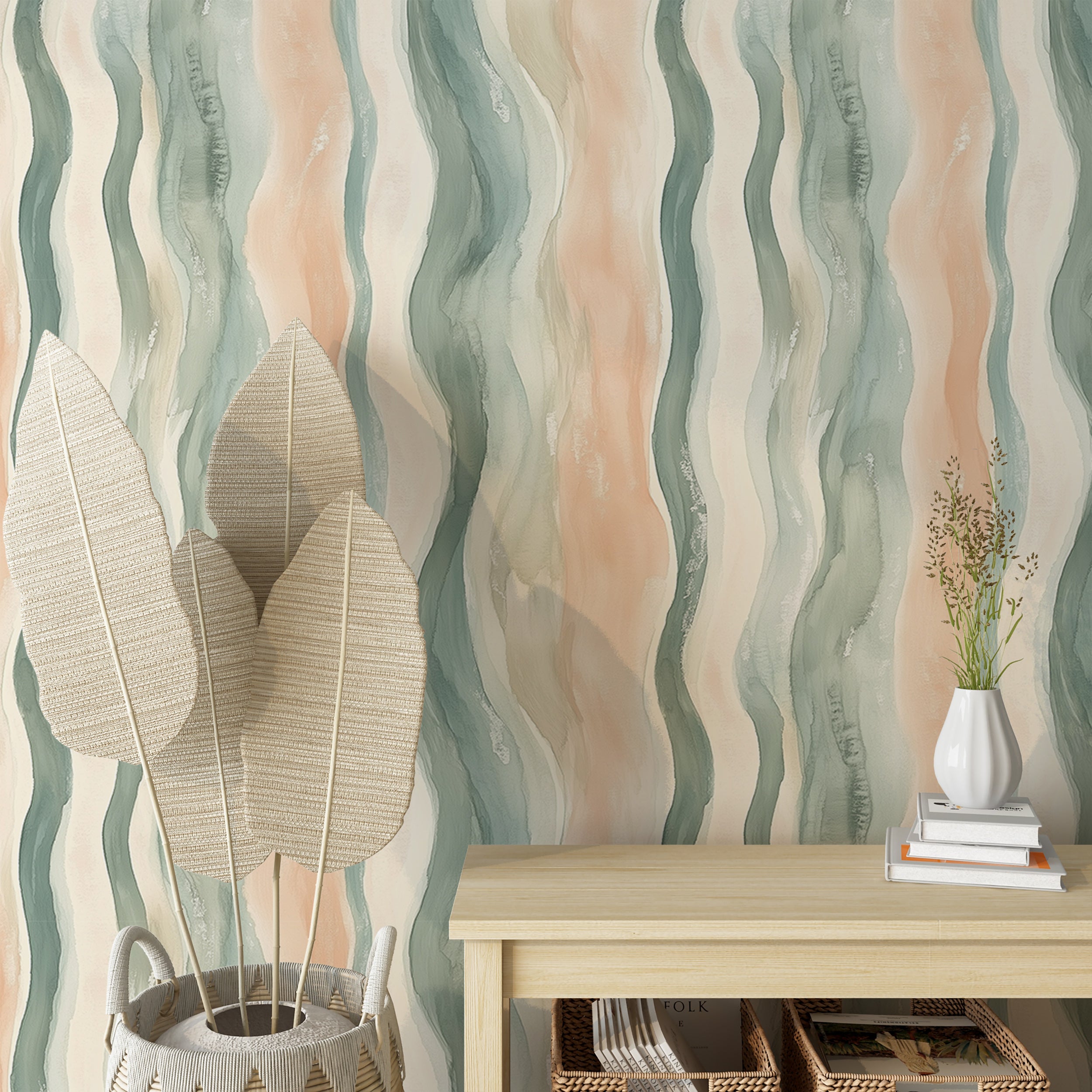 Pastel watercolor stripes in beige, teal, and peach.
Soft wave pattern wallpaper for cozy spaces.