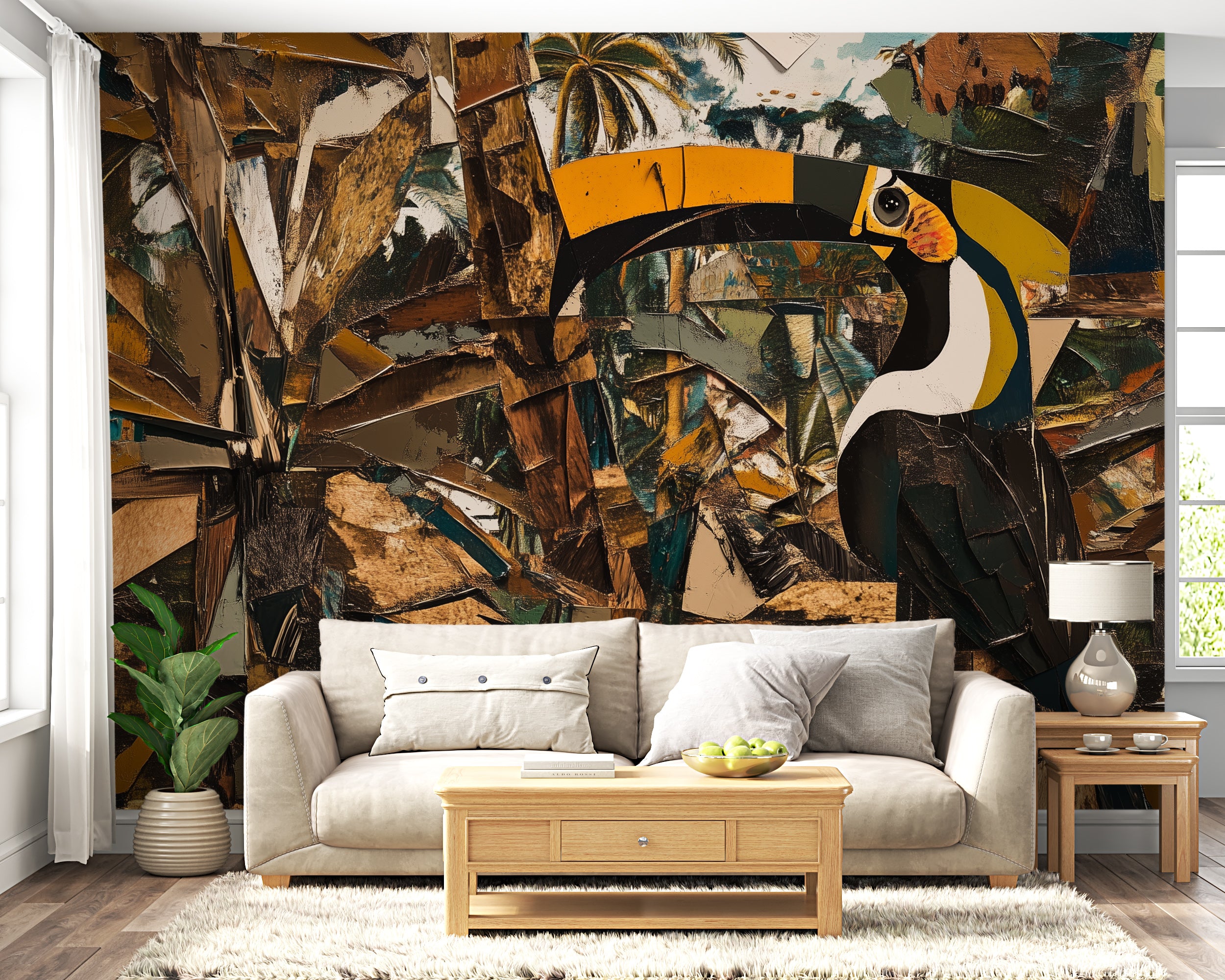 Removable tropical bird-themed wallpaper.
Vintage oil painting jungle scene wall decor.