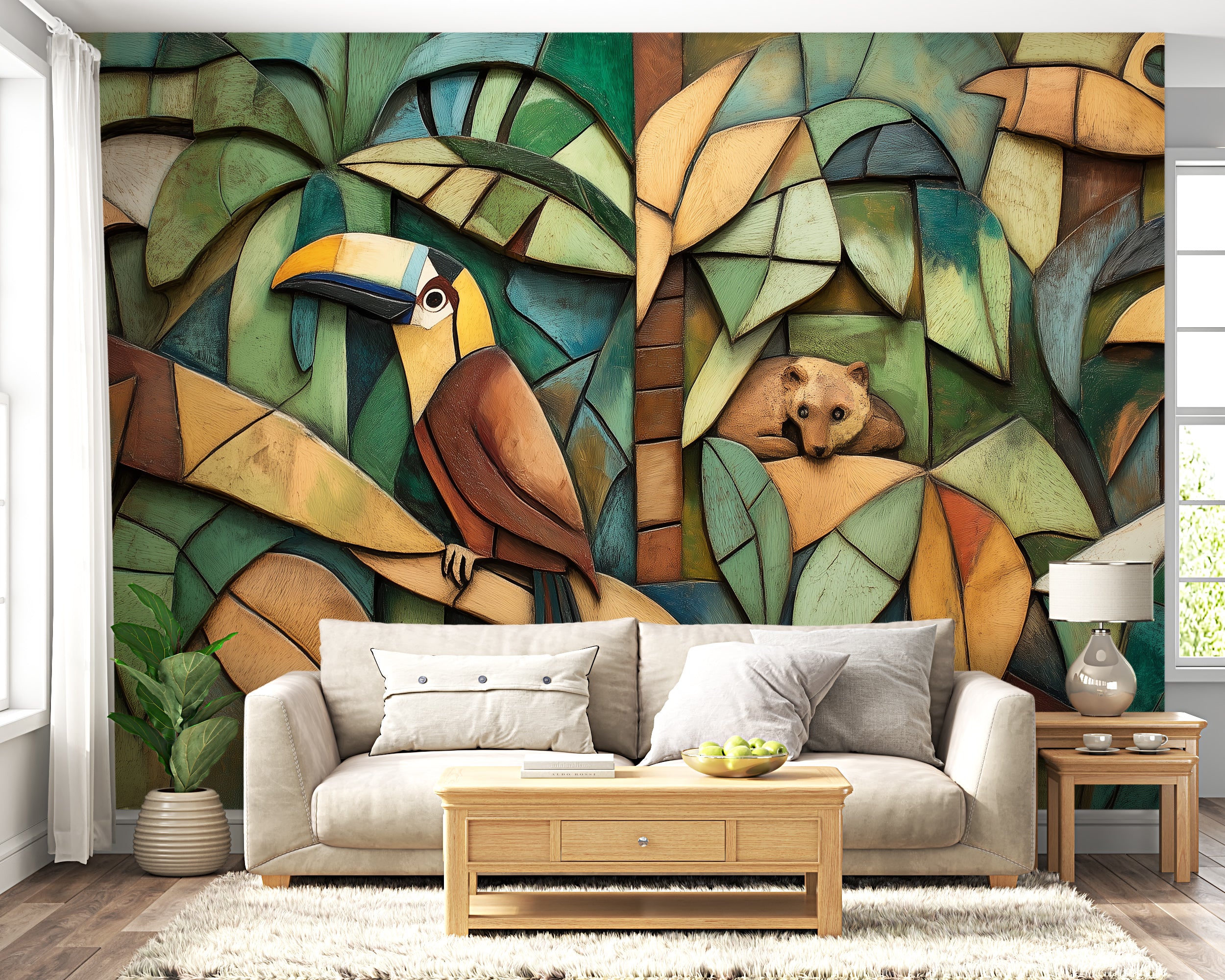 Colorful tropical forest wallpaper with animals.
Unique abstract rainforest-inspired mural.