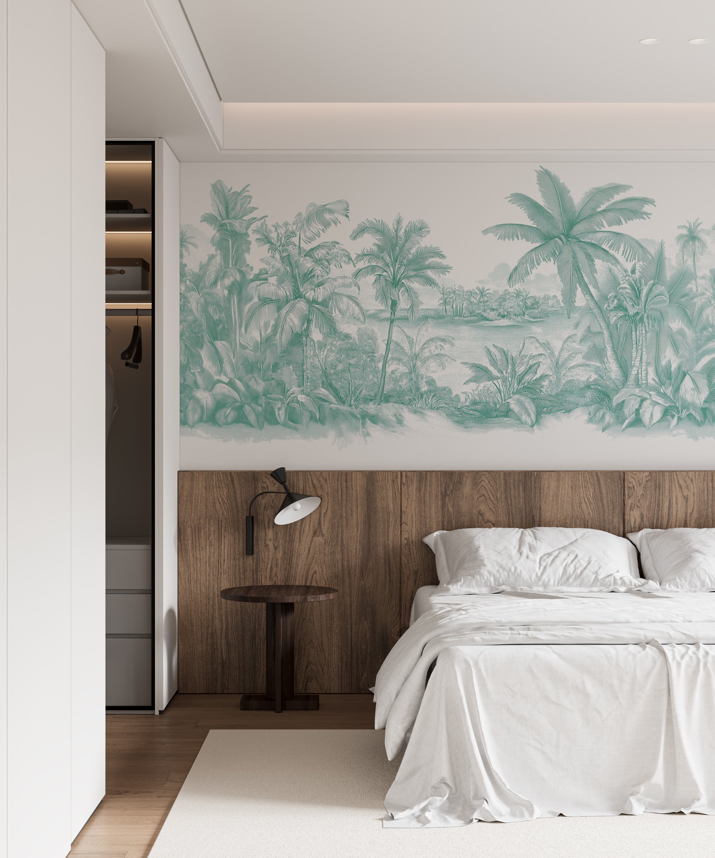 Soft green Toile de Jouy mural.
French-style classic jungle wallpaper.