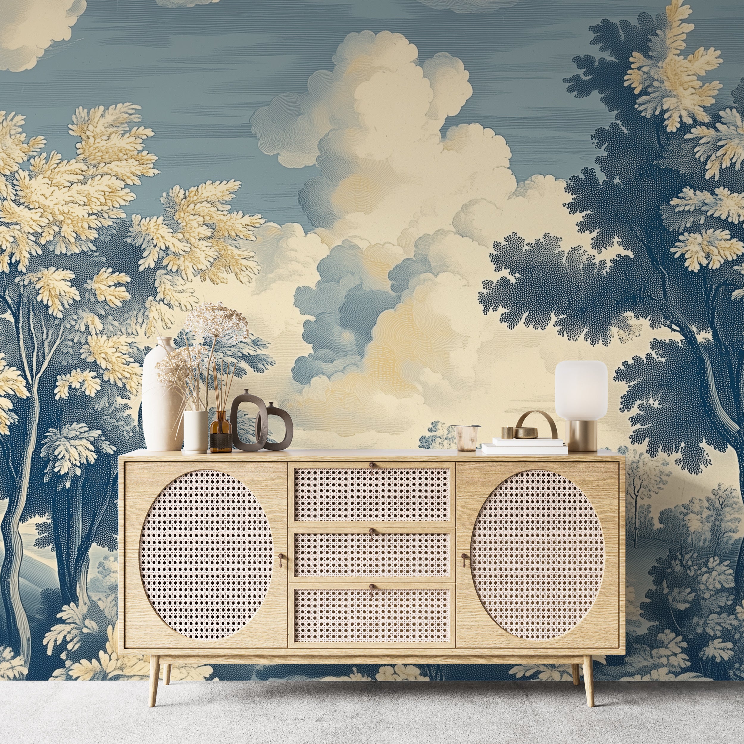 Toile traditional wall mural.
Vintage French landscape wallpaper.