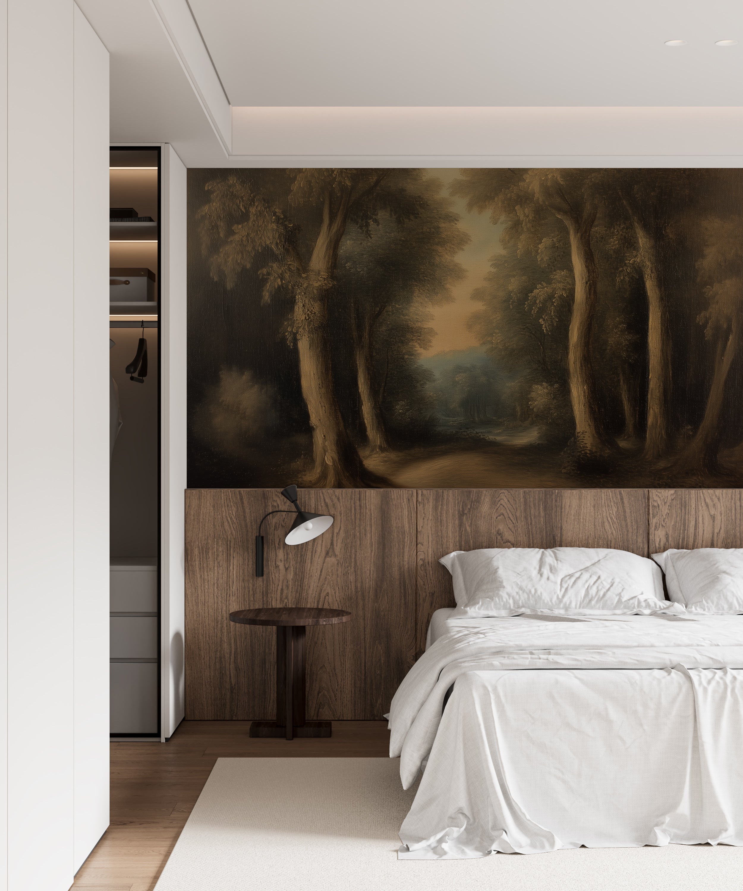 Vintage forest scene peel-and-stick wallpaper.
Atmospheric dark forest wall art.