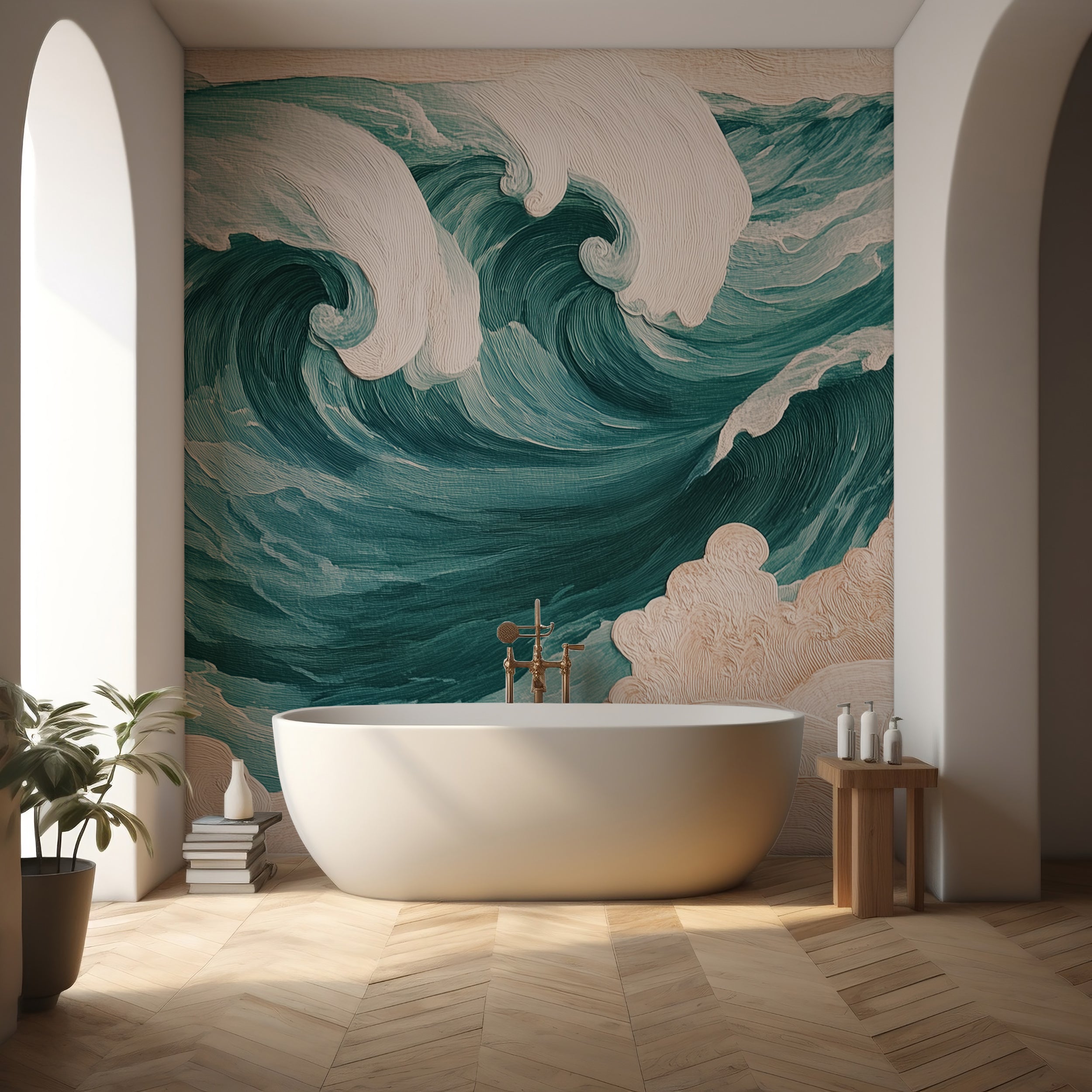 Ocean waves mural.
Turquoise oil painting ocean mural.