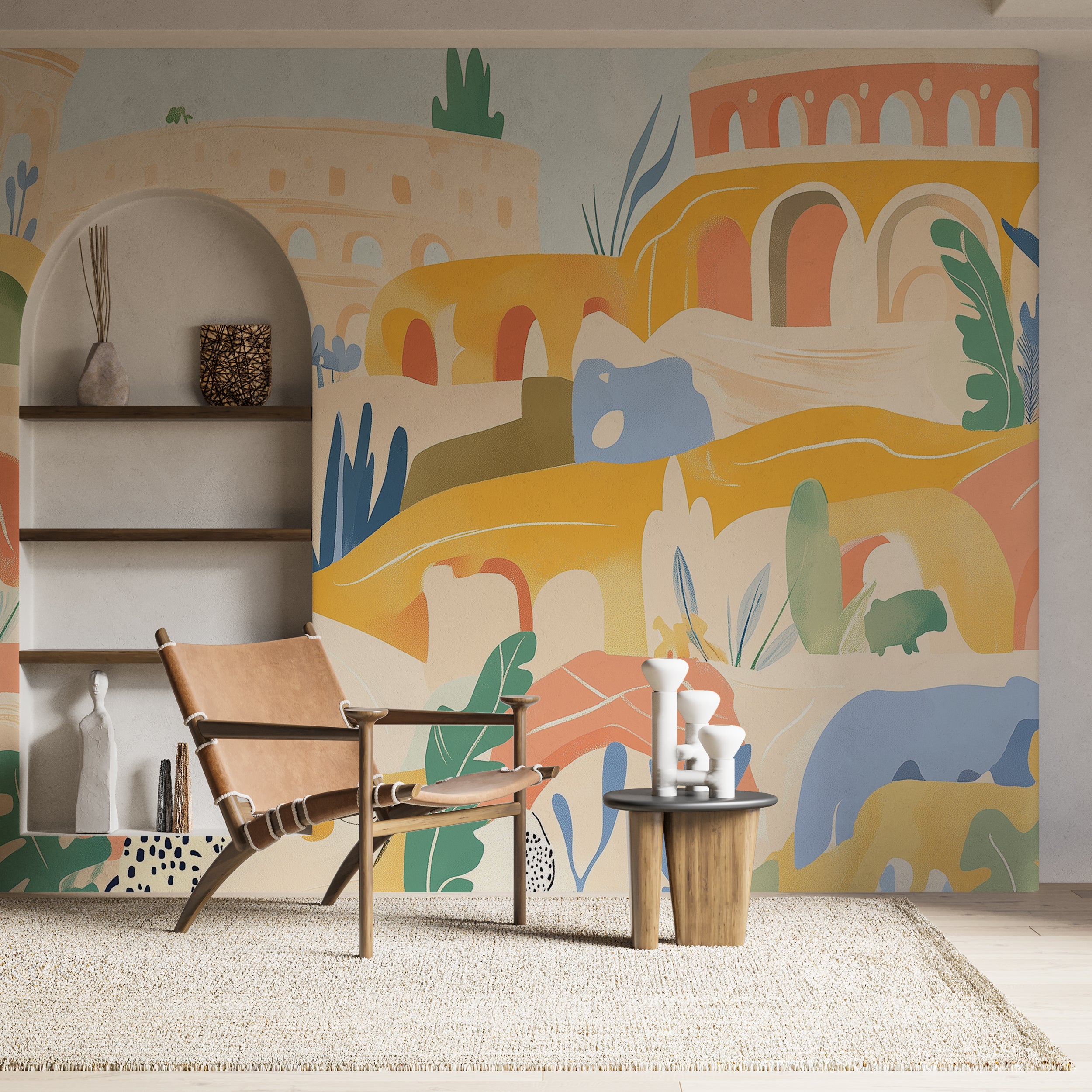 Rome inspired wall decor.
Vibrant Rome city mural.