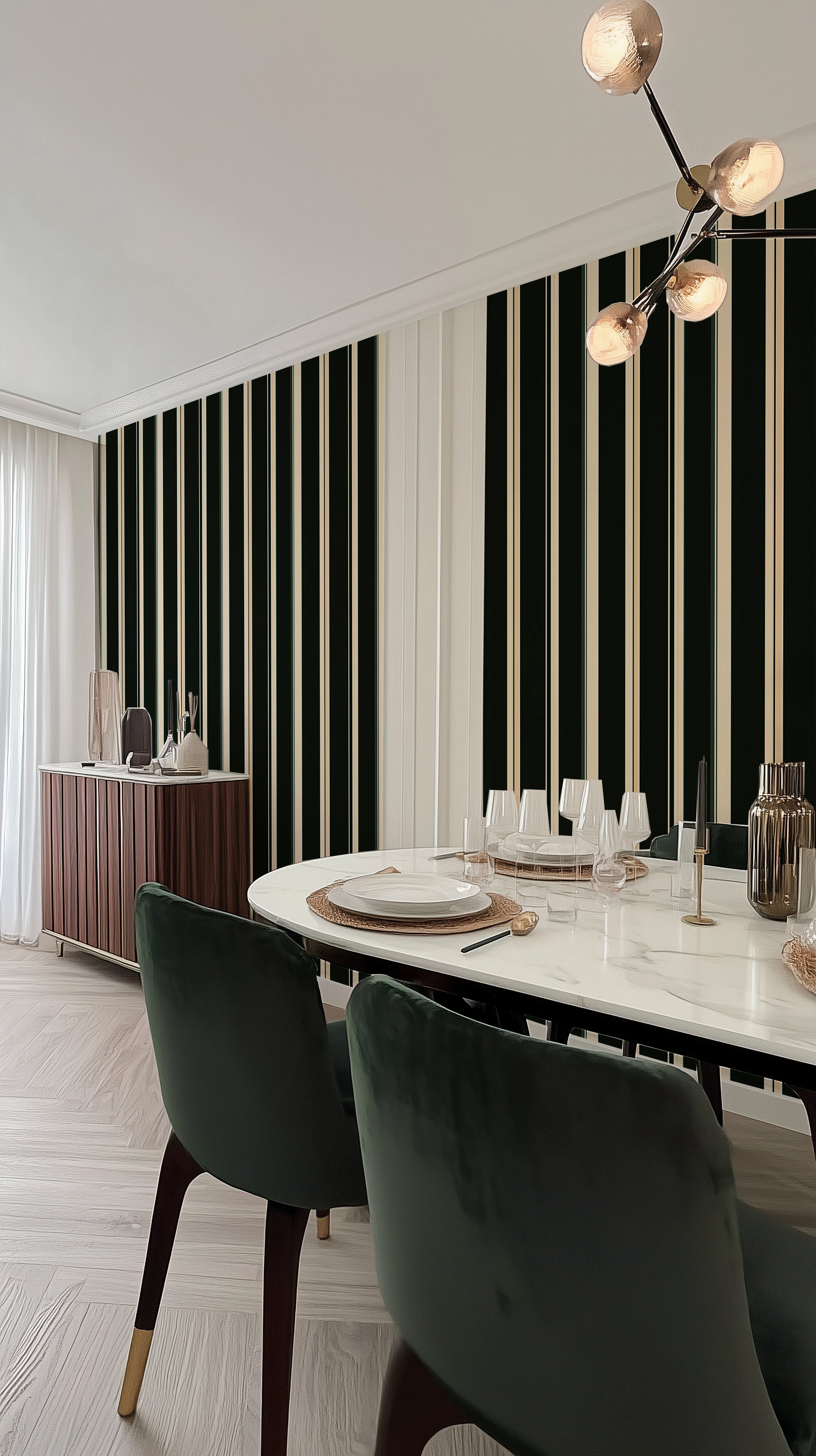 Vertical stripe wallpaper for home decor.
Removable green and beige wall design.
