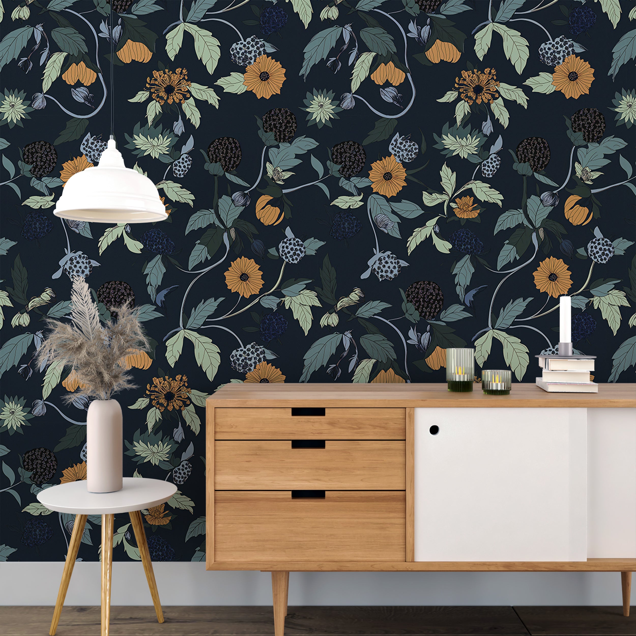 Dark navy blue floral wallpaper with berries.
Hand-drawn botanical wall mural.