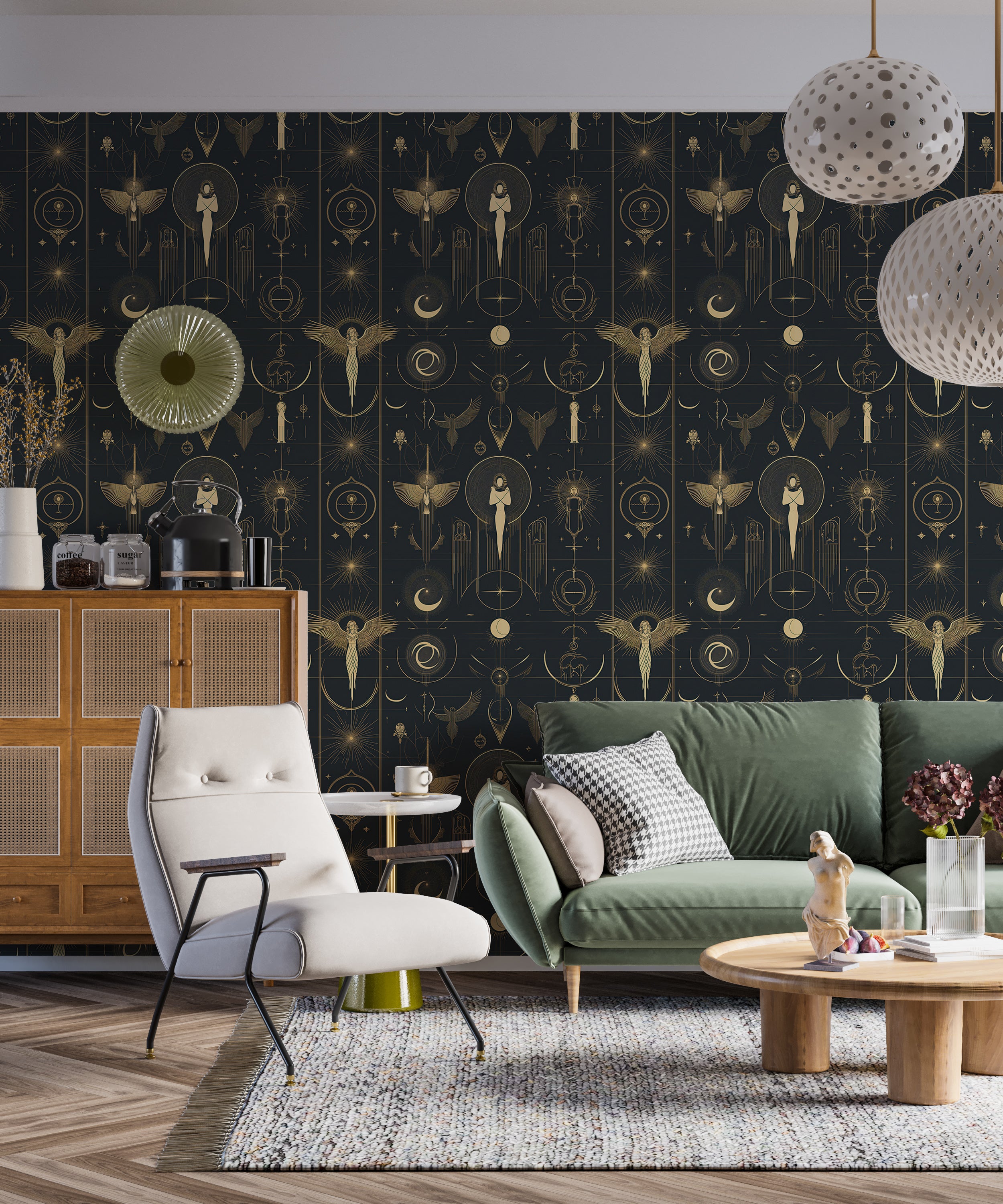 Astrology symbol mural for home decor.
Celestial wall art with zodiac signs.