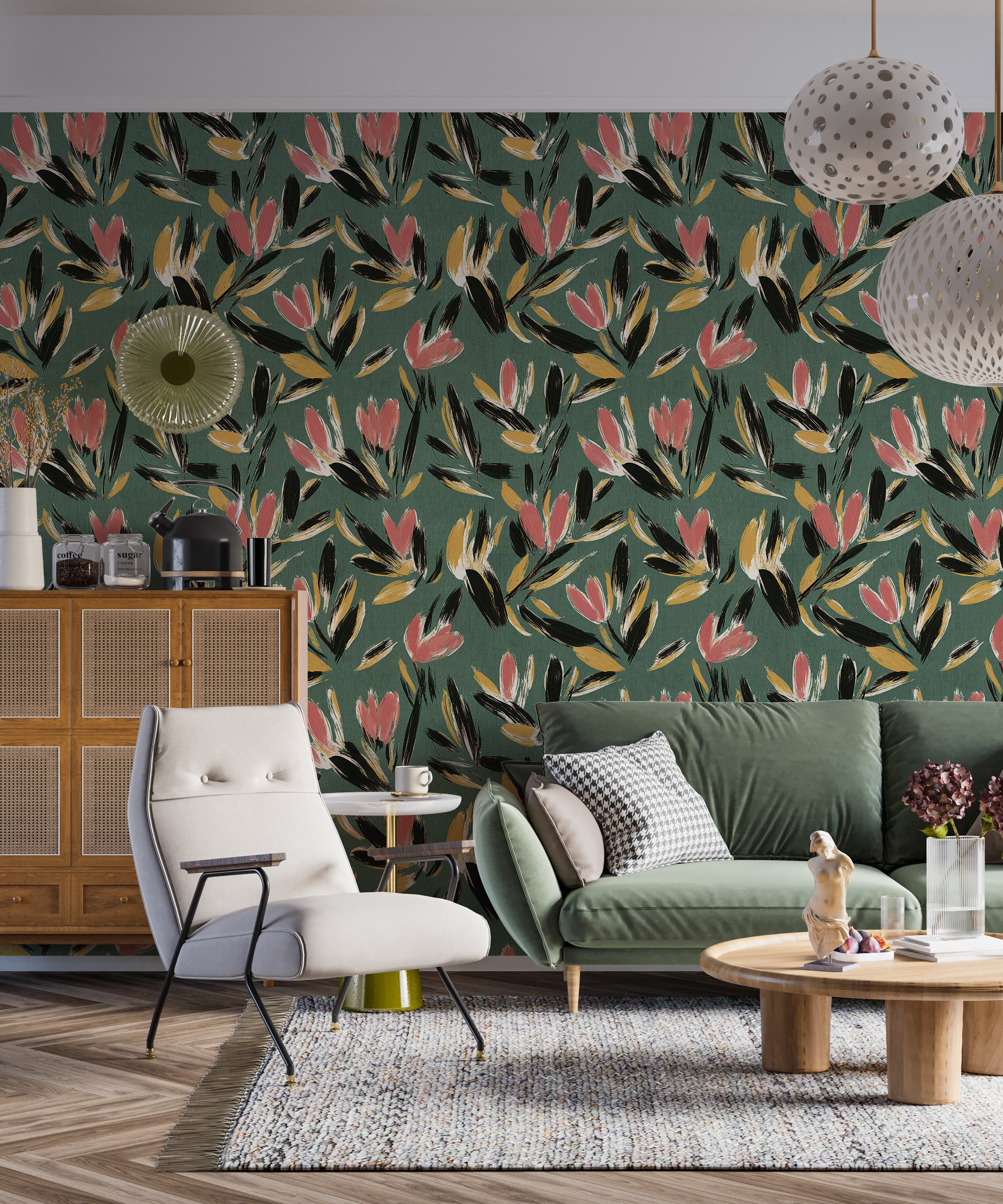 Green floral brushstroke wall art.
Vibrant brush-painted floral mural.