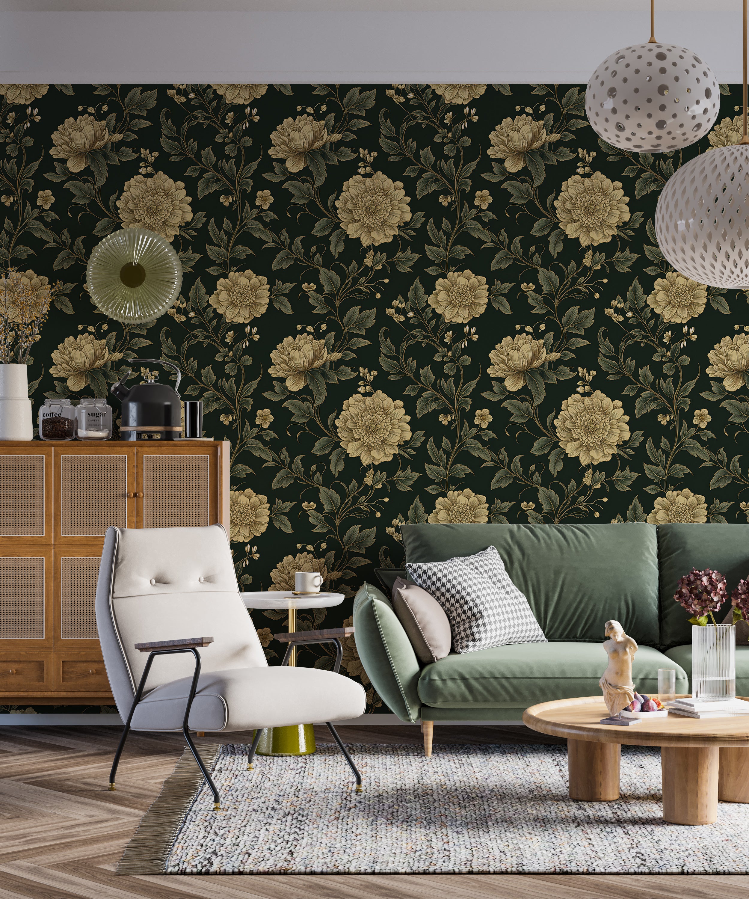Timeless vintage floral wall art.
Dark floral wall covering with peonies.