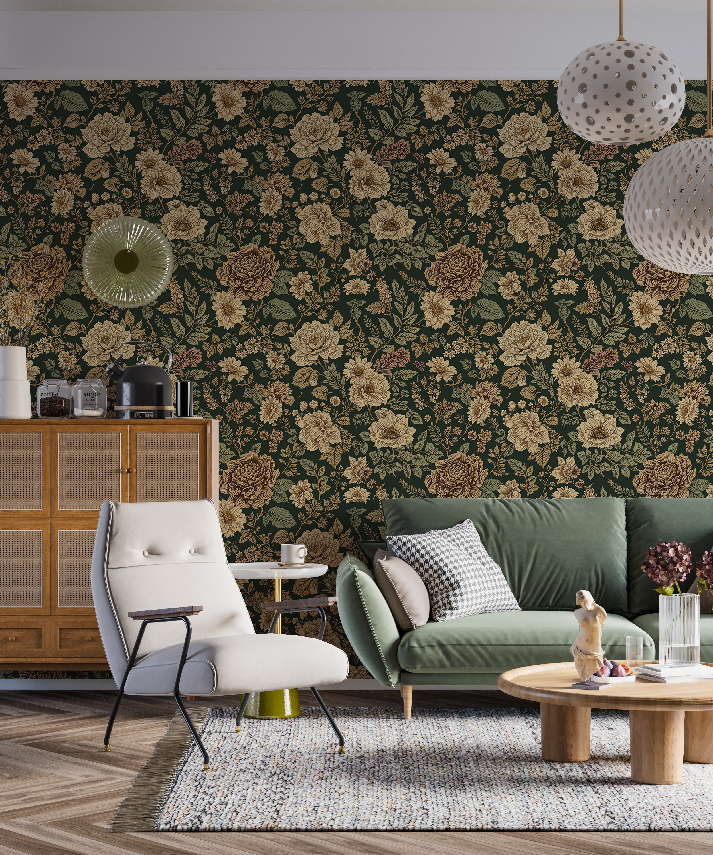 Timeless floral wallpaper for living rooms.
Vintage-inspired green and beige floral mural.