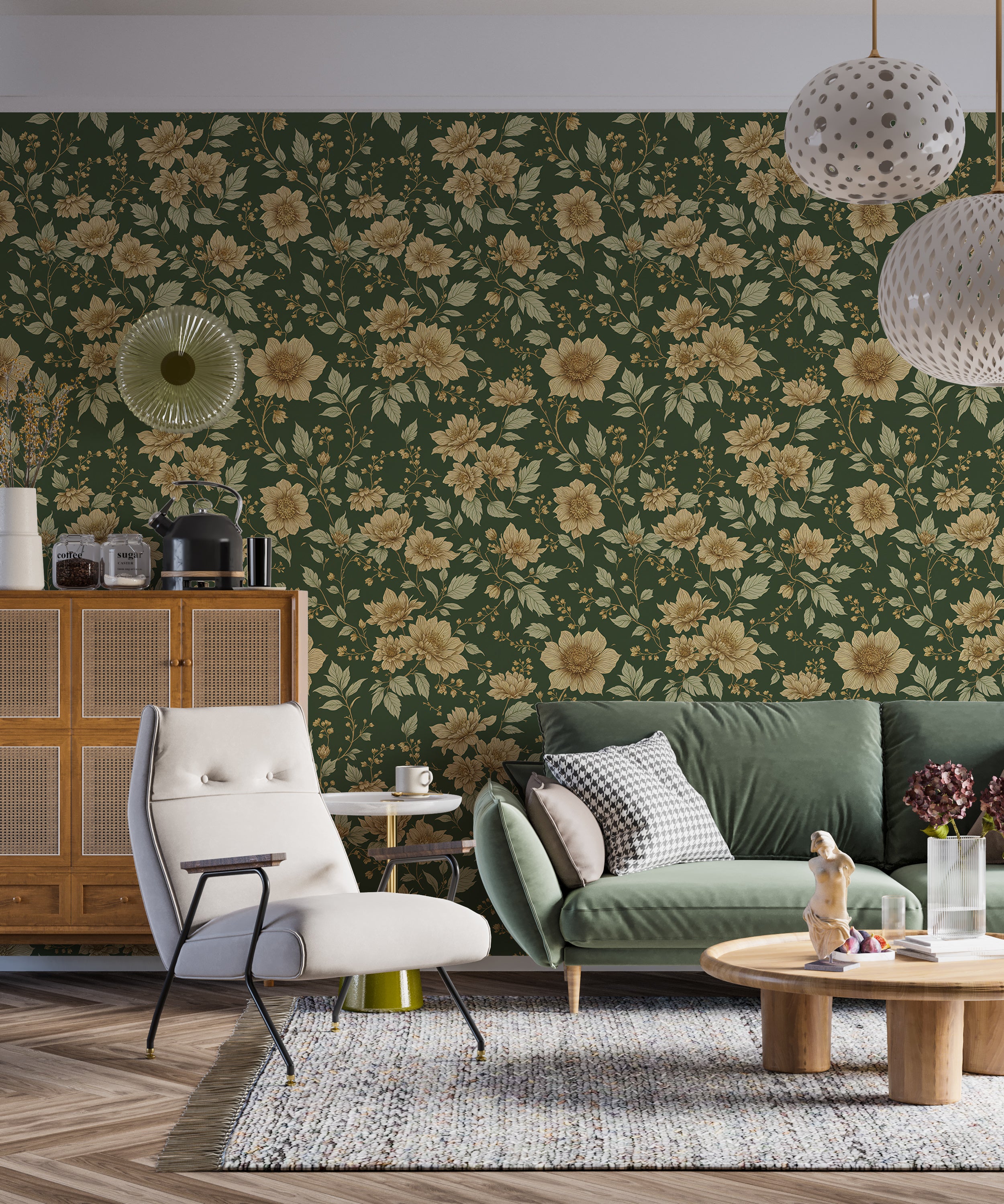 Classic botanical wallpaper for home decor.
Green and beige floral mural for interiors.