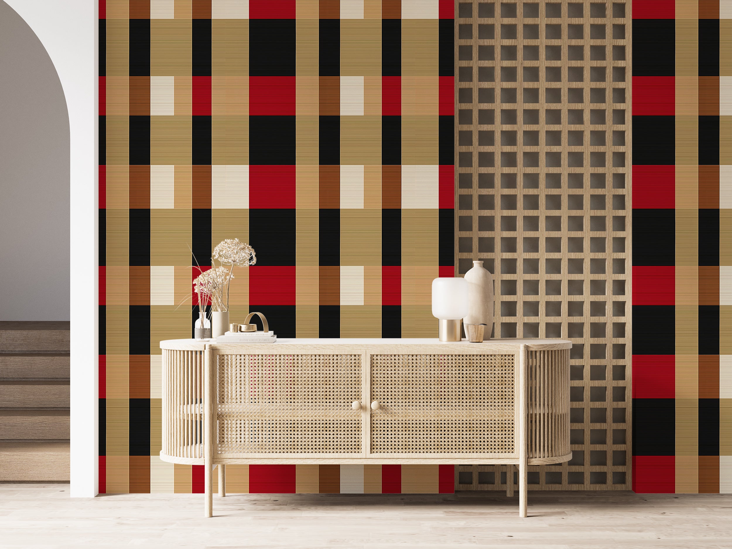 Stylish red, beige, and black plaid wall decor.
Minimalist geometric wall art.