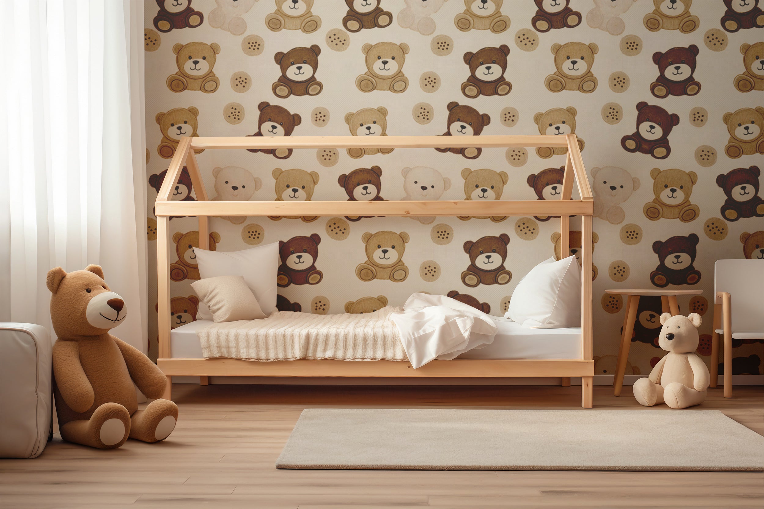 Cozy nursery wallpaper with animal designs.
Fun toy pattern wallpaper for children's rooms.