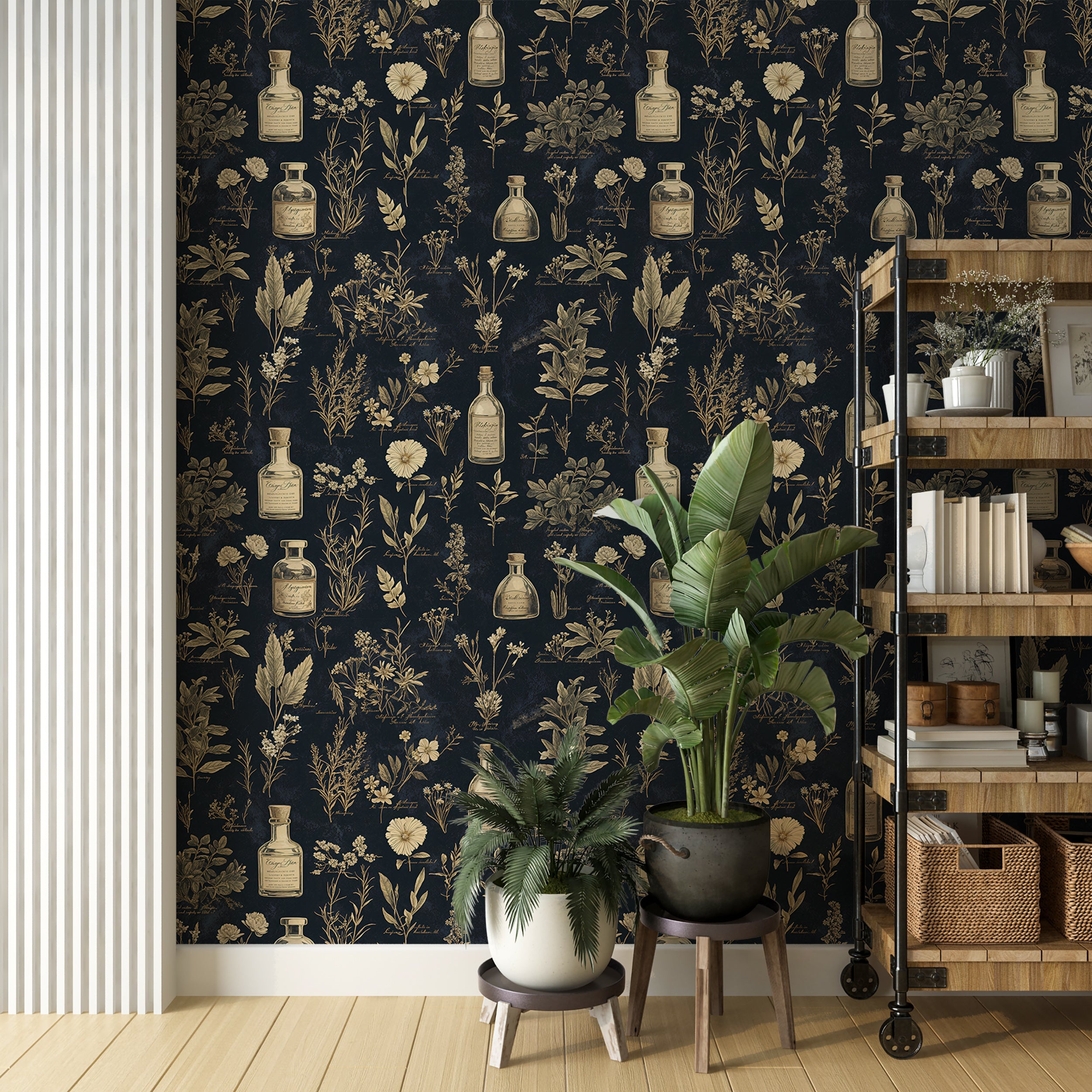 Dark navy blue alchemy symbols wallpaper.
Mystical alchemical wall mural.