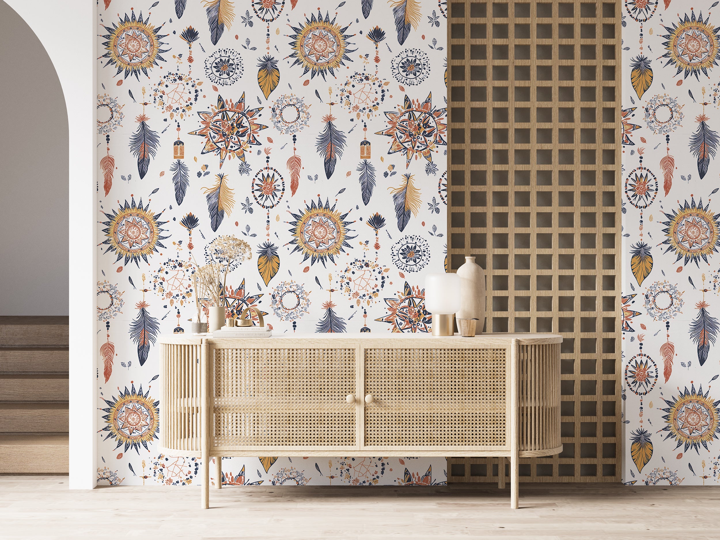 Modern boho wallpaper for living rooms.
Creative boho mural for bedrooms.