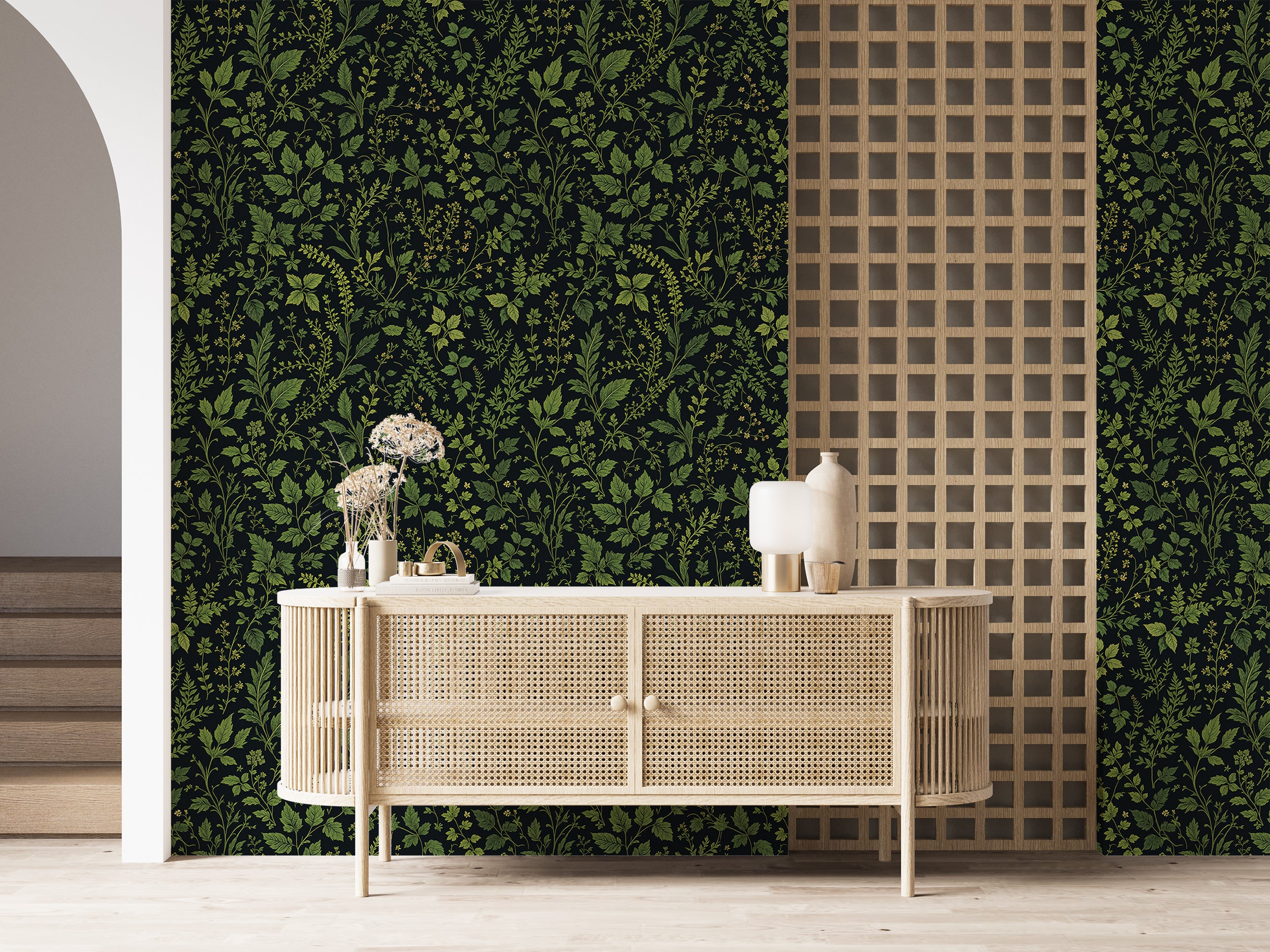 Leafy green fern wallpaper for homes.
Earthy botanical fern wall covering.