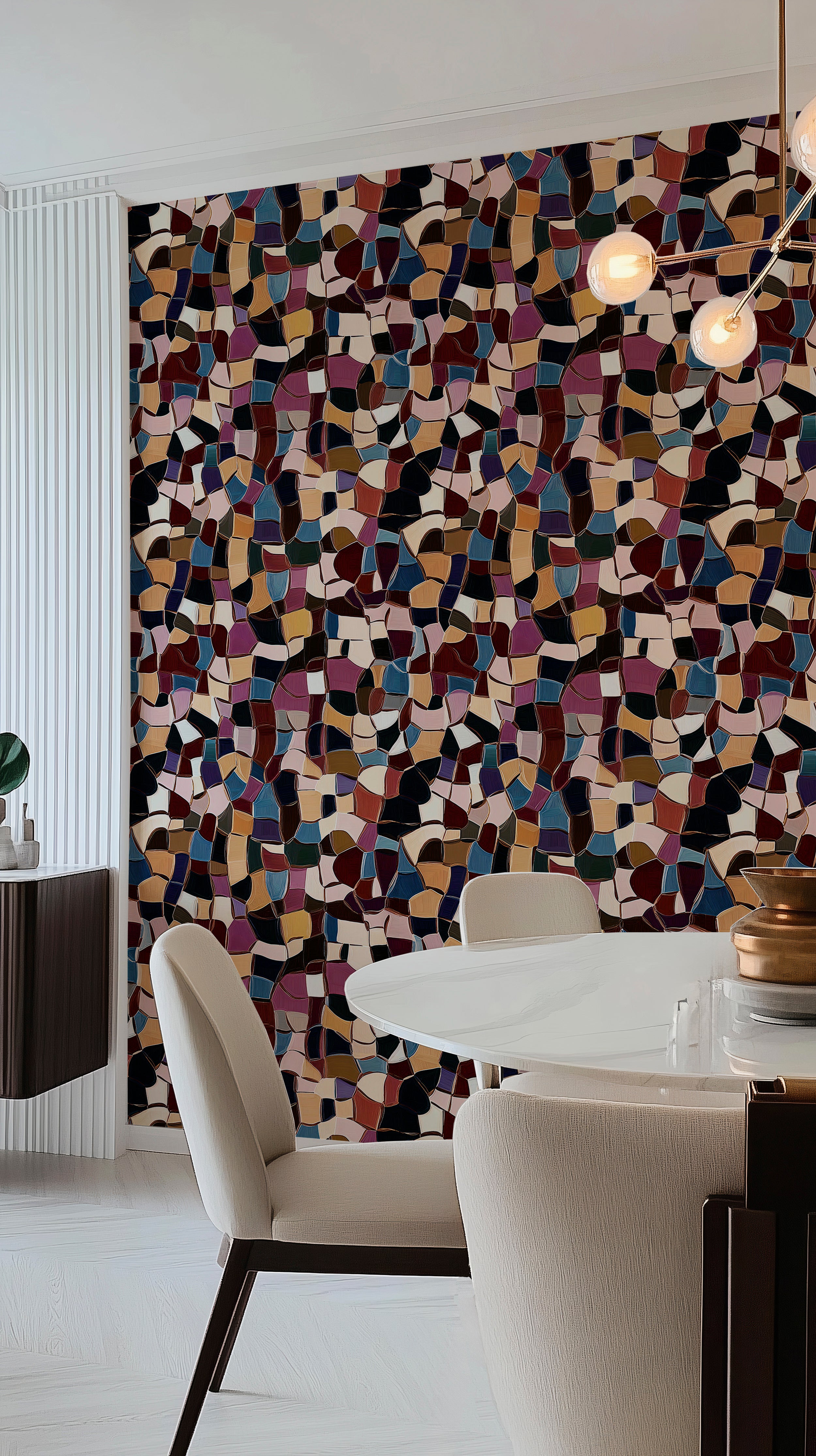 Colorful tile wallpaper for living rooms.
Geometric tile pattern wall decor.