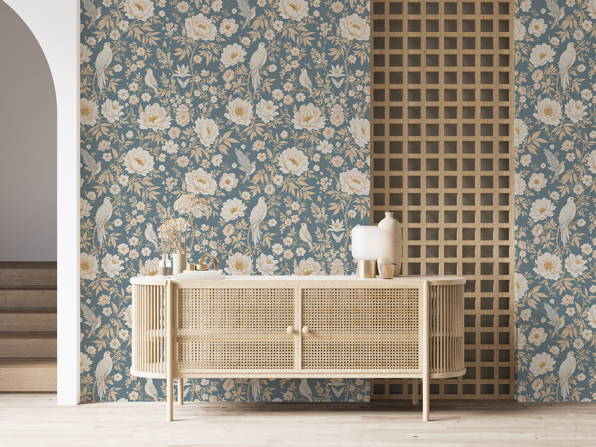 Watercolor baby blue chinoiserie wallpaper.
Elegant oriental floral wall mural.