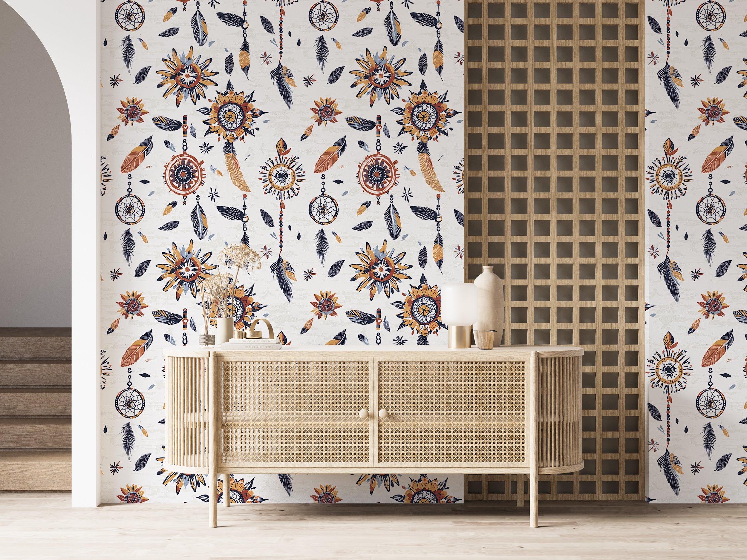 White bohemian symbols wallpaper.
Dreamcatcher and feather wall mural.
