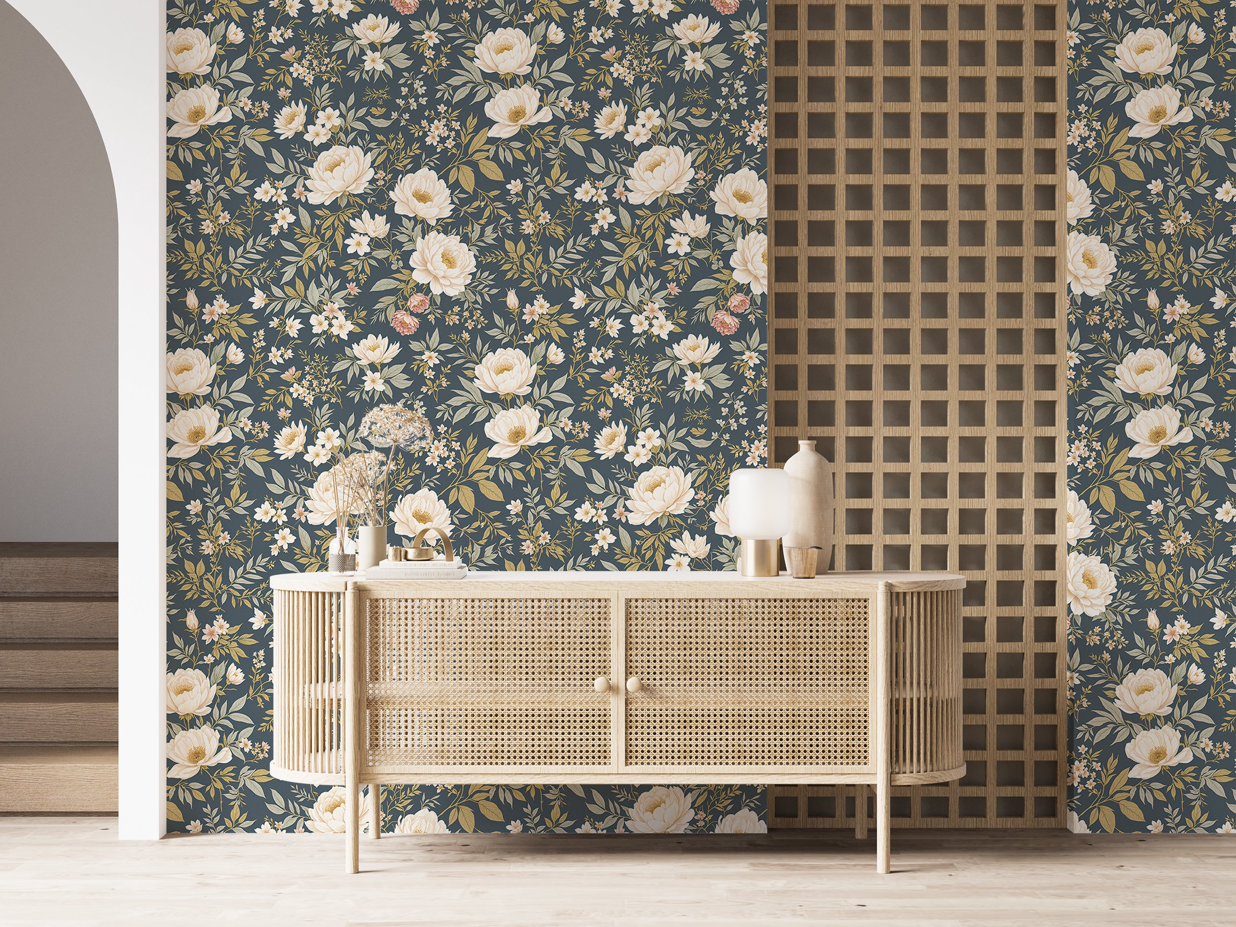 Soft blue background with peonies.
Removable peony wallpaper for living rooms.