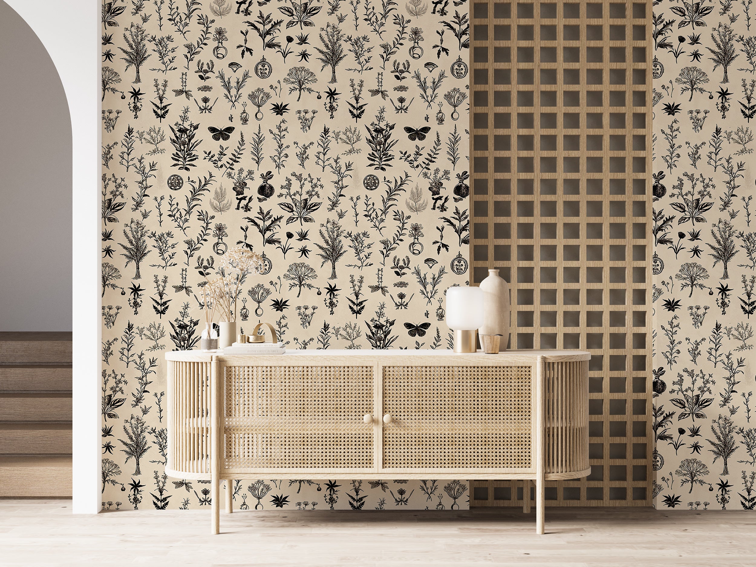 Alchemy symbols and herbs peel-and-stick wallpaper.
Removable alchemical design wallpaper for renters.
