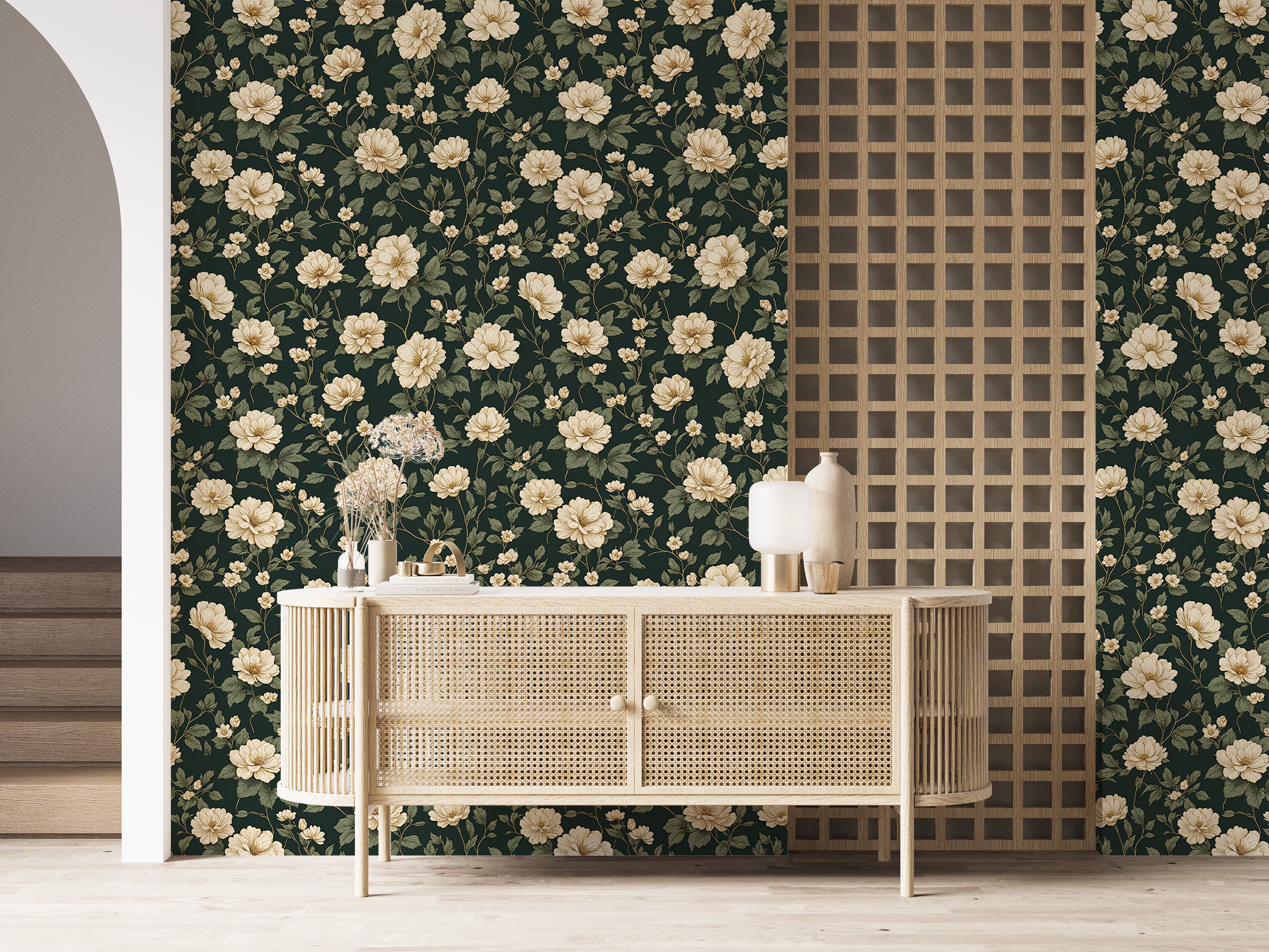 Rich green floral wallpaper for living rooms.
Timeless botanical peony wallpaper.