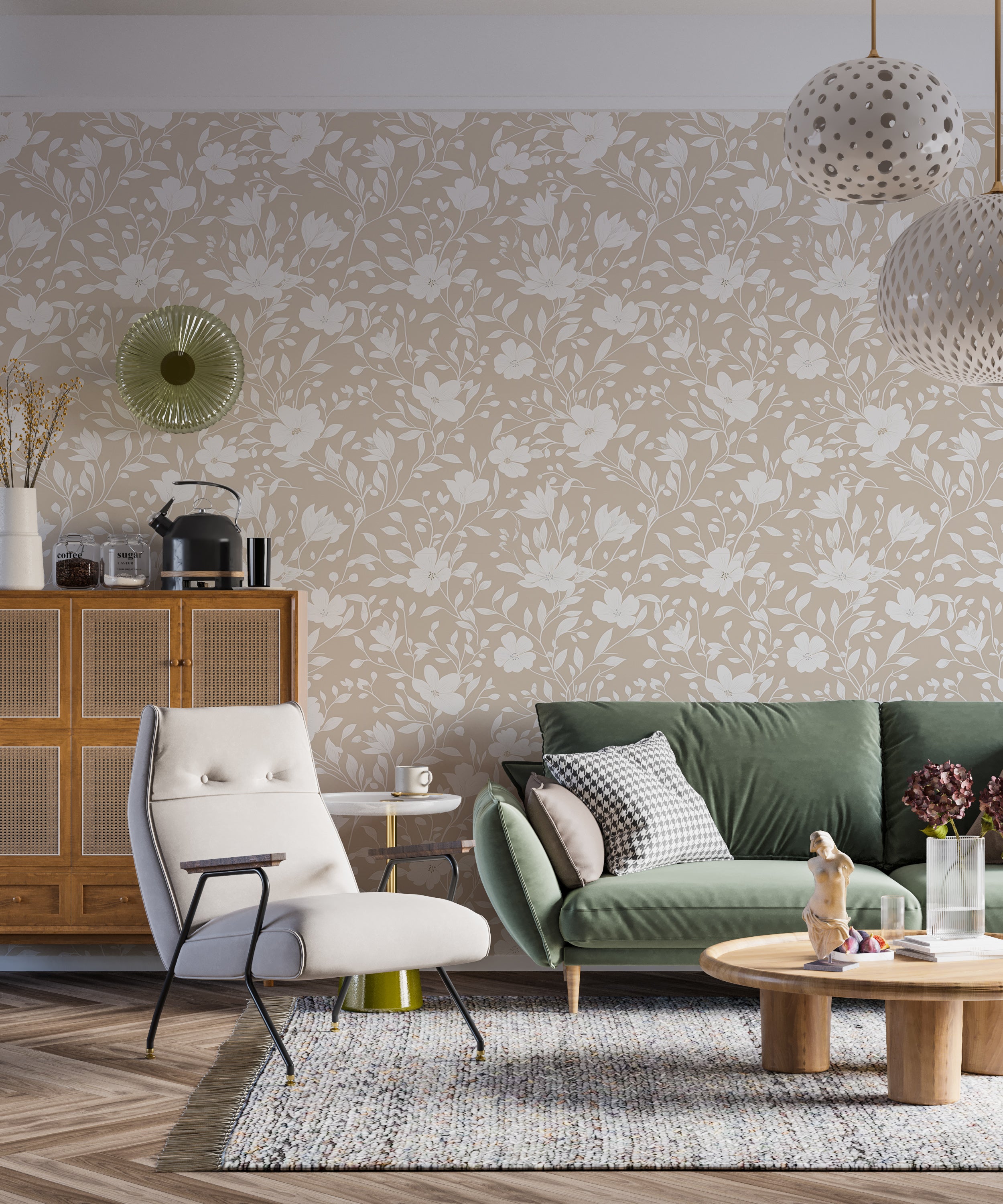 Removable floral wallpaper with soft flowers.
Timeless floral mural with white flowers.