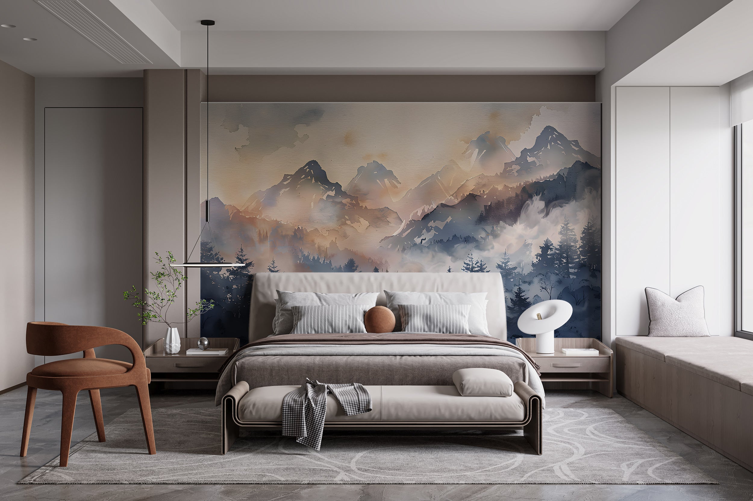 Blue Watercolor Forest and Mountains Wall Mural Peel and Stick Wild Nature Landscape Wallpaper