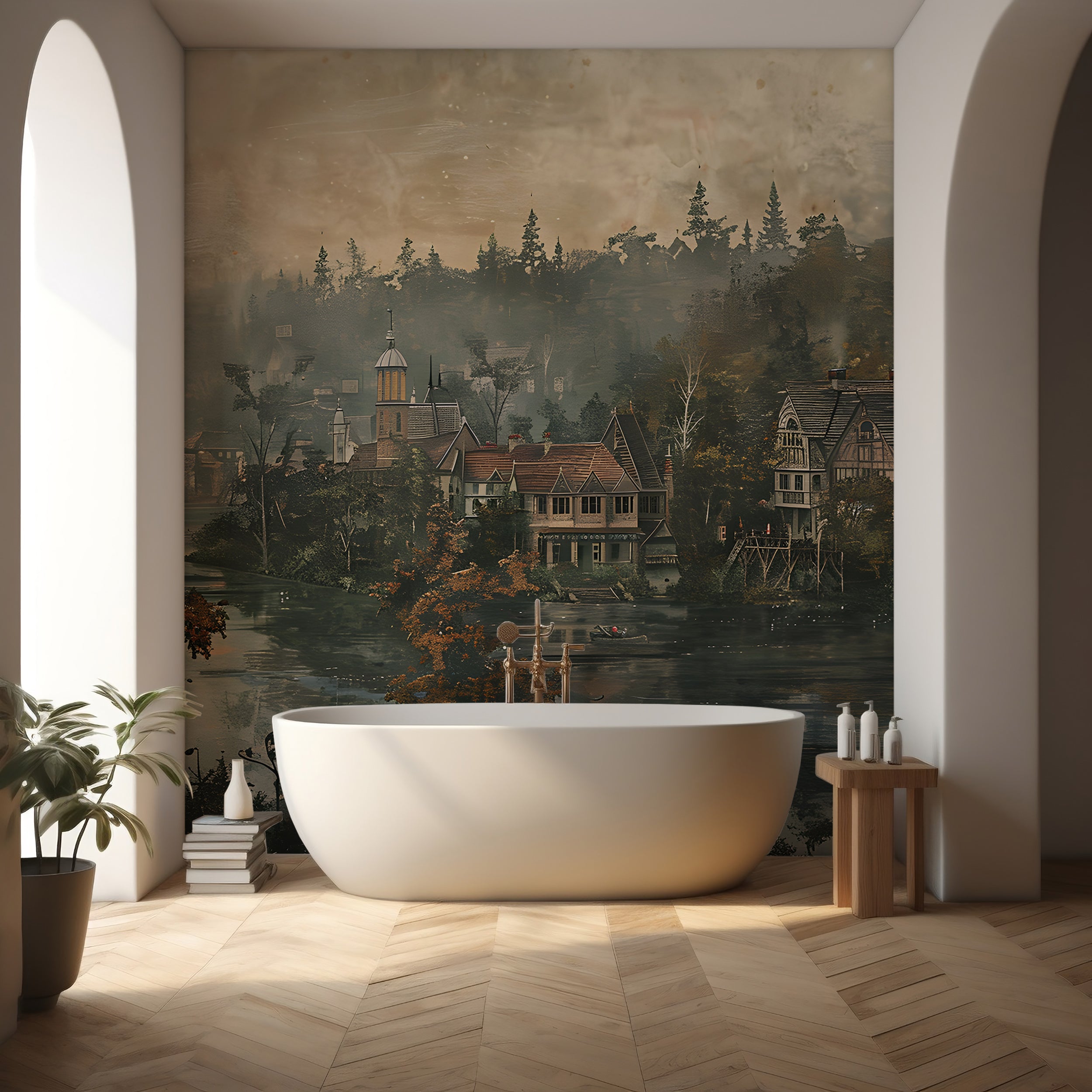 Vintage Riverside Town Wallpaper Mural Rustic Peel and Stick Village Landscape Decor