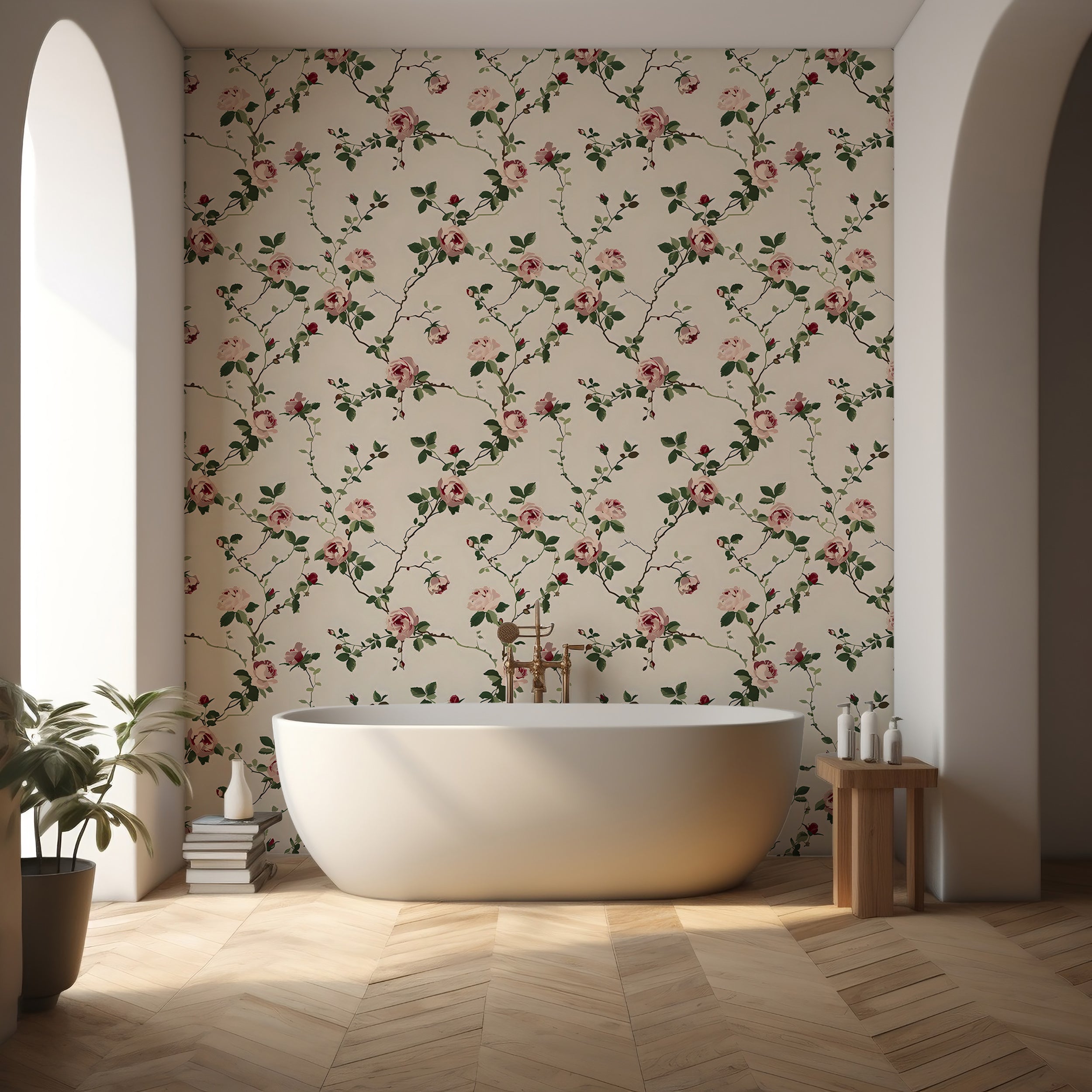 Rose Branches Beige Wallpaper Pastel Floral Peel and Stick Wallpaper