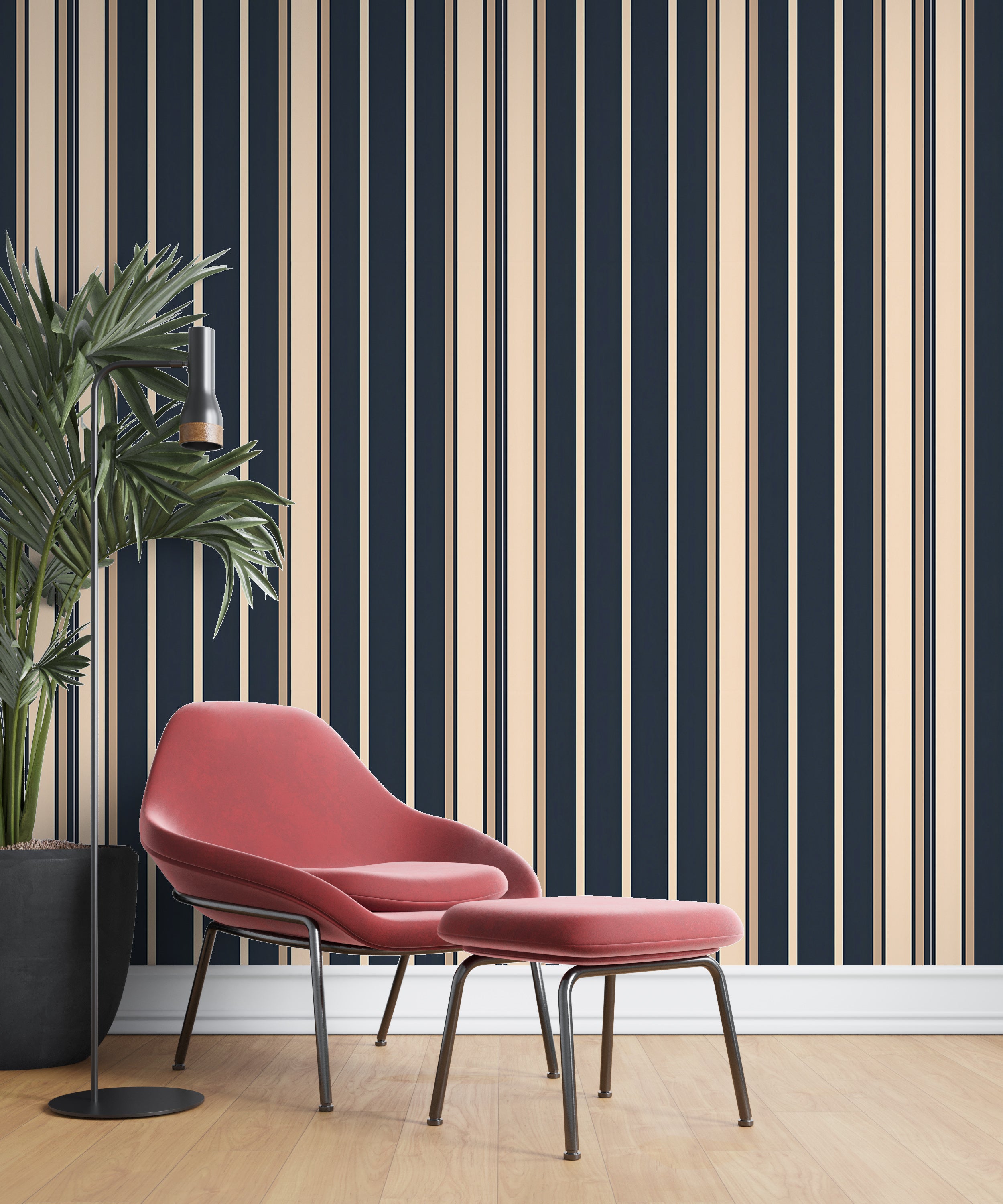 Elegant Navy Blue and Beige Lines Wall Decor Timeless Striped Wallpaper in Blue and Beige